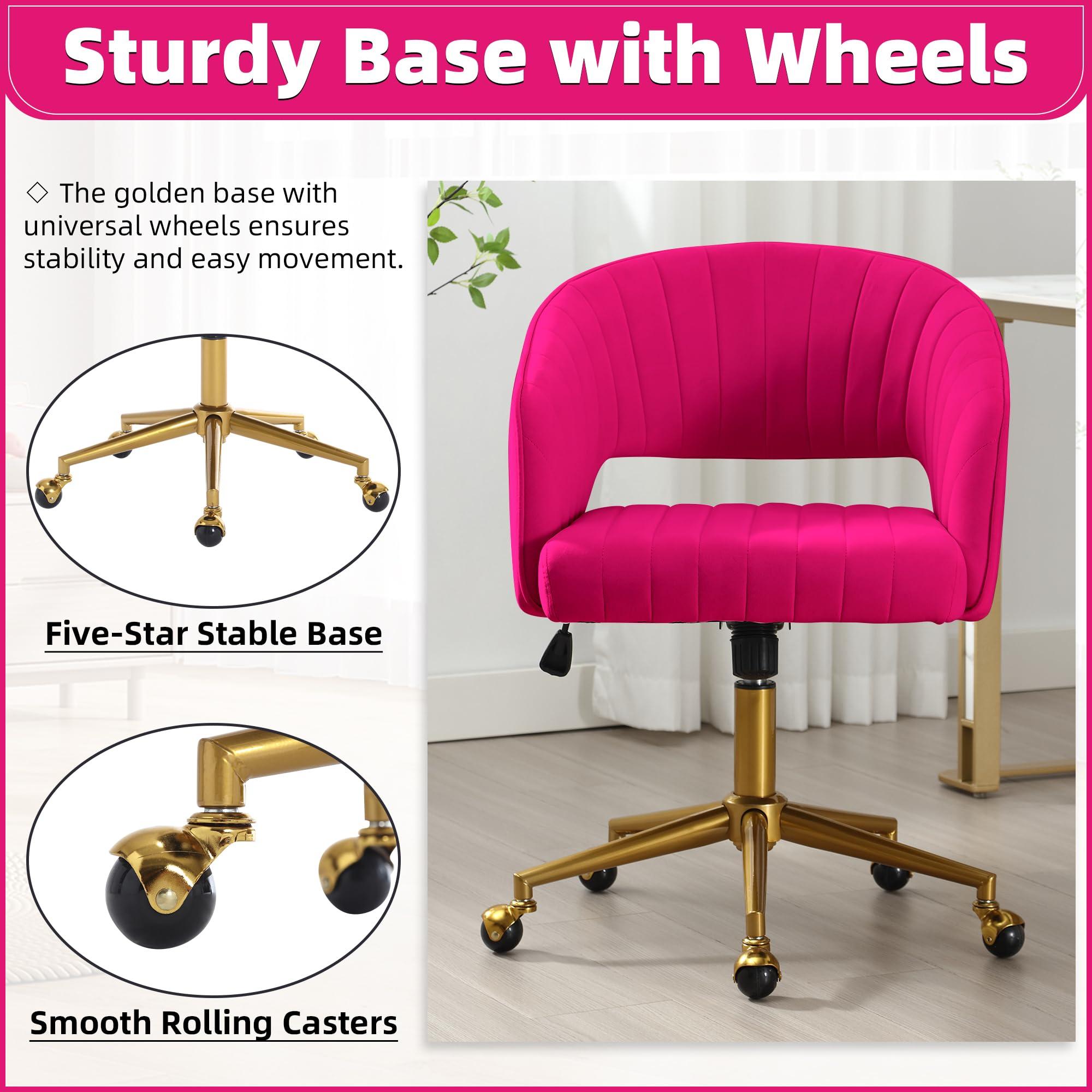 ABET ABET Desk Chair with Wheels, Velvet Home Office Chair, Swivel Armchair Gold Base, Upholstered Modern Accent Chairs, Back Incline Adjustable for Living Room Bedroom Vanity, Hot Pink