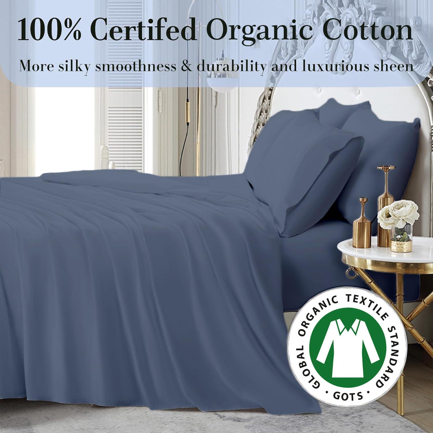 Saferay Green Saferay Green 4Pc Twin XL Size Sheet Set, 100% Organic Cotton Sheet Set, 800 Thread Count Sheets, Soft & Breathable Sheet Set, Luxury 8-12\" Deep Pocket Sheet, Hotel Quality Sheets - Steel Blue