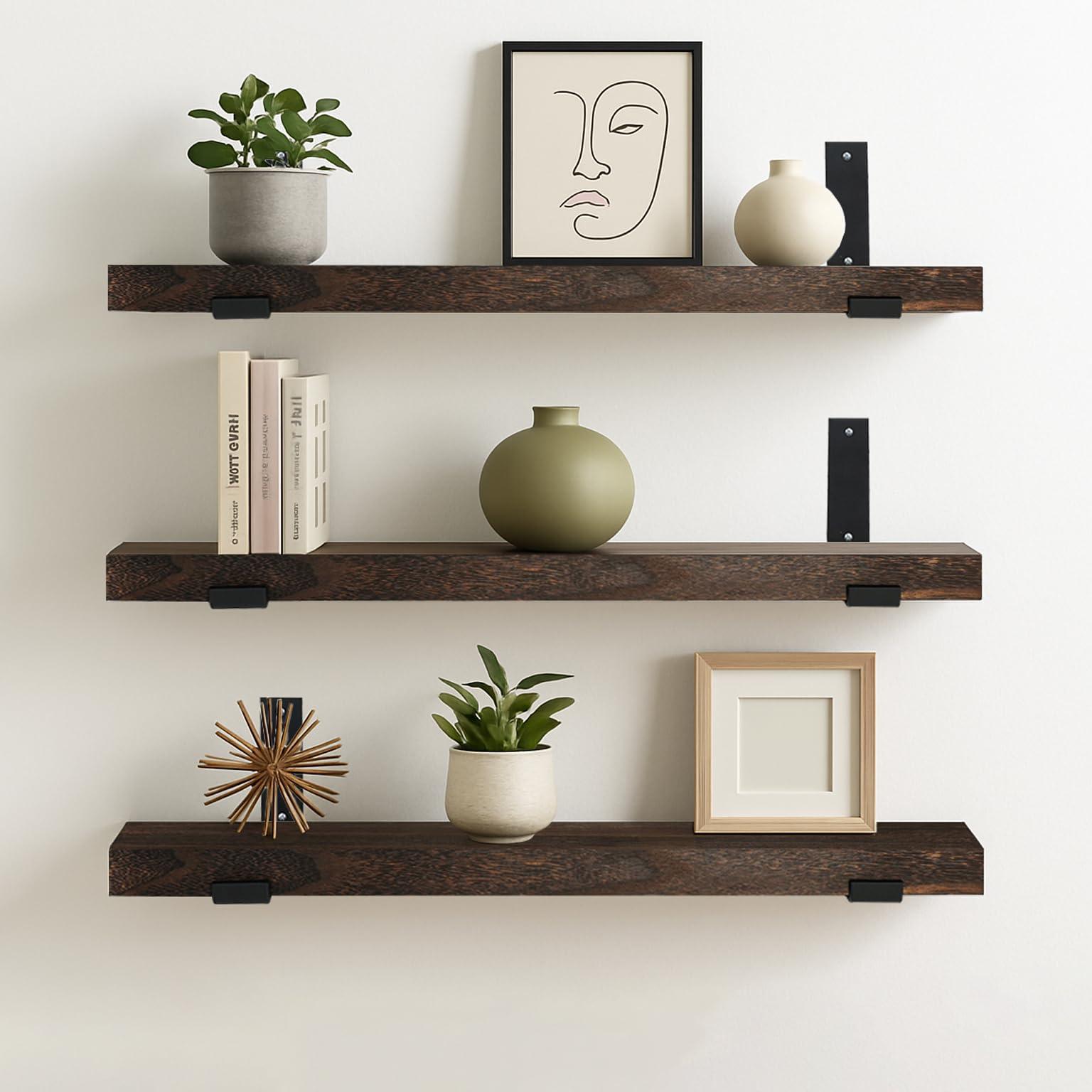 CONSDAN CONSDAN StoneCreek Floating Shelves, Solid Paulownia Wood, Burnt Wood Light Weight, Wall Shelves for Bedroom, Bathroom, Living Room, Kitchen,36x7.5x1.5 in,Set of 3