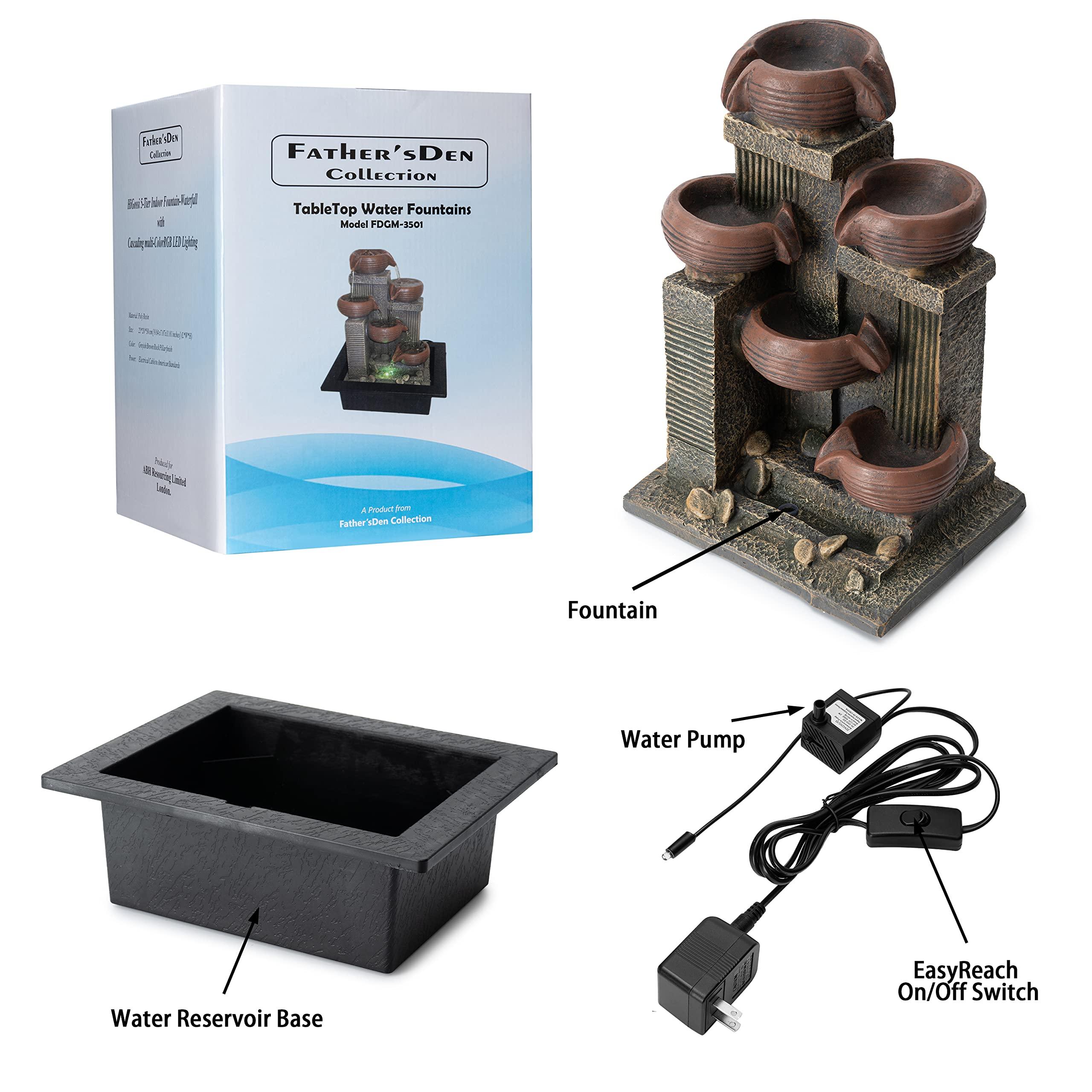 Father'sDen Collection 13-inch Indoor Fountains and Waterfalls Cascading 5-Tiered Pots-Tabletop Water Fountain-Desk Waterfall-with Audible Waterfall Sounds-Zen Water Fountain and Color Lights