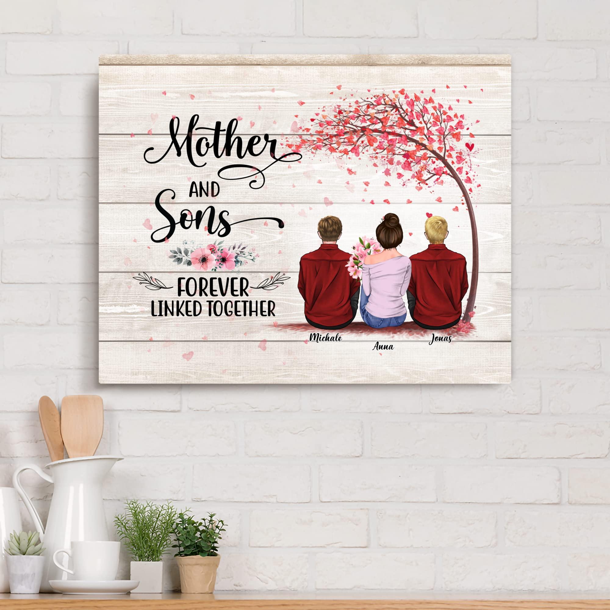 Gossby GOSSBY Personalized Custom Canvas (Mother and 2 Sons) Mother And Sons Forever Linked Together Personalized To My Mom Poster Custom Name Mother & Daughter Forever Linked Together Woman Day Gift To Step
