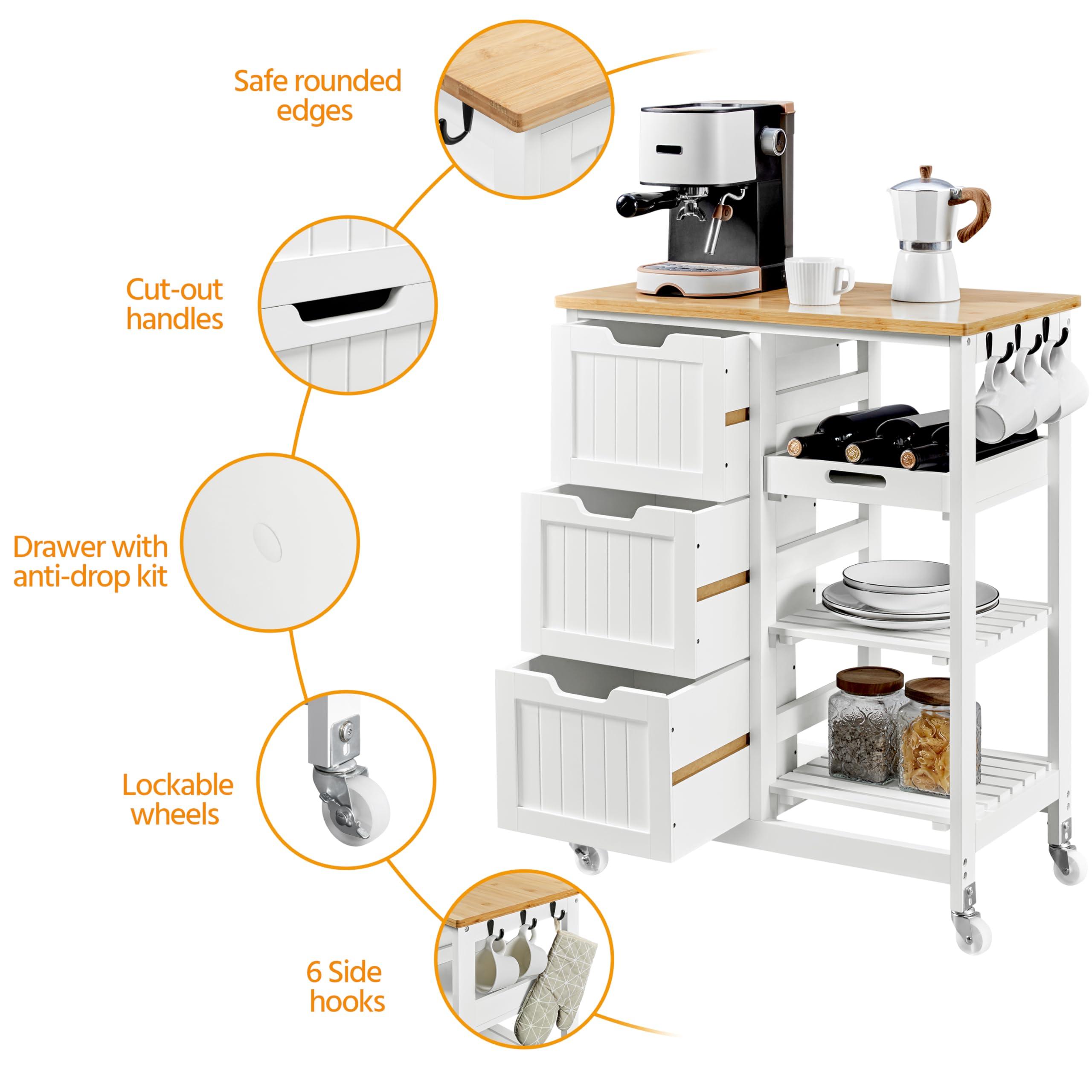 Yaheetech Yaheetech Kitchen Island Cart on Wheels with Bamboo Countertop, Rolling Serving Utility Trolley Cart with 3 Drawers, 3 Removable Shelves & Lockable Casters, Storage Cabinet for Dining Room, Bar, White
