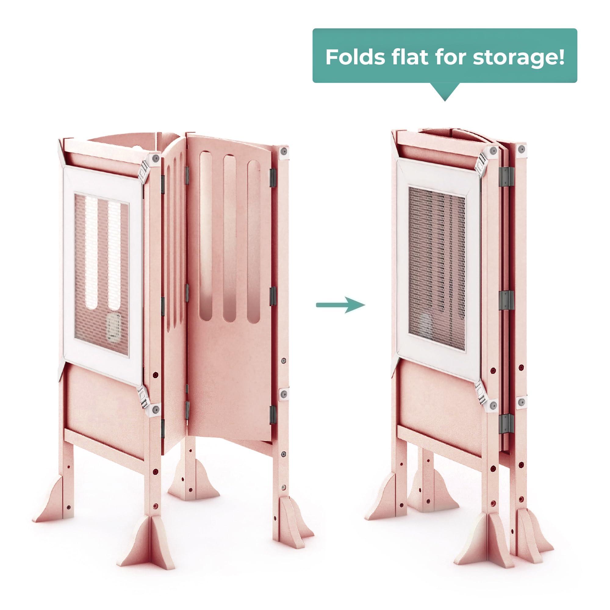 Guidecraft Guidecraft Contemporary Kitchen Helper Toddler Tower - Limited Edition Pink. Original Folding Montessori Learning Step Stool with Safety Nets