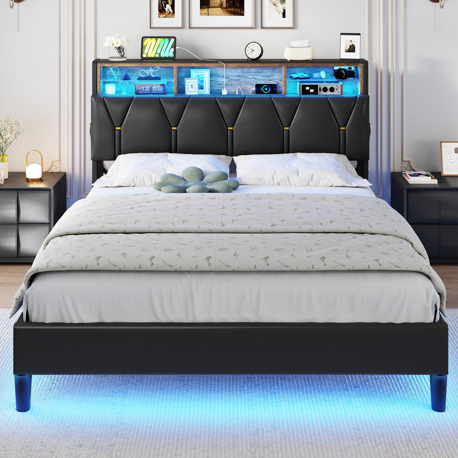 ADORNEVE ADORNEVE Full Size Bed Frame with LED Lights and Storage Headboard, LED Bed Frame with Outlets and USB Ports, Upholstered Platform Bed with Hidden Storage, Easy Assembly, PU Black