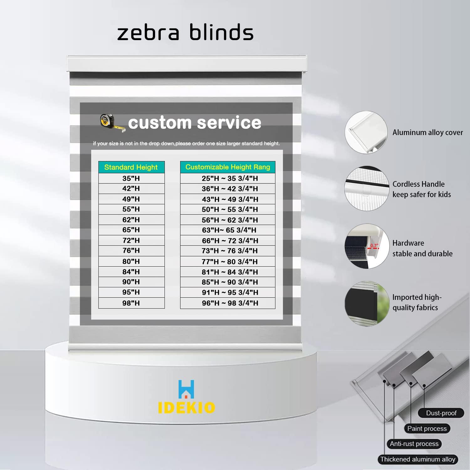 IDEKIO Zebra Blinds,Roller Blinds for Windows,Custom Size Dual Layer Cordless Window Blinds and Shades,Sheer or Privacy Light Control,Day and Night Blinds for Door,Office[Grey,24" W x 76" H Customize]