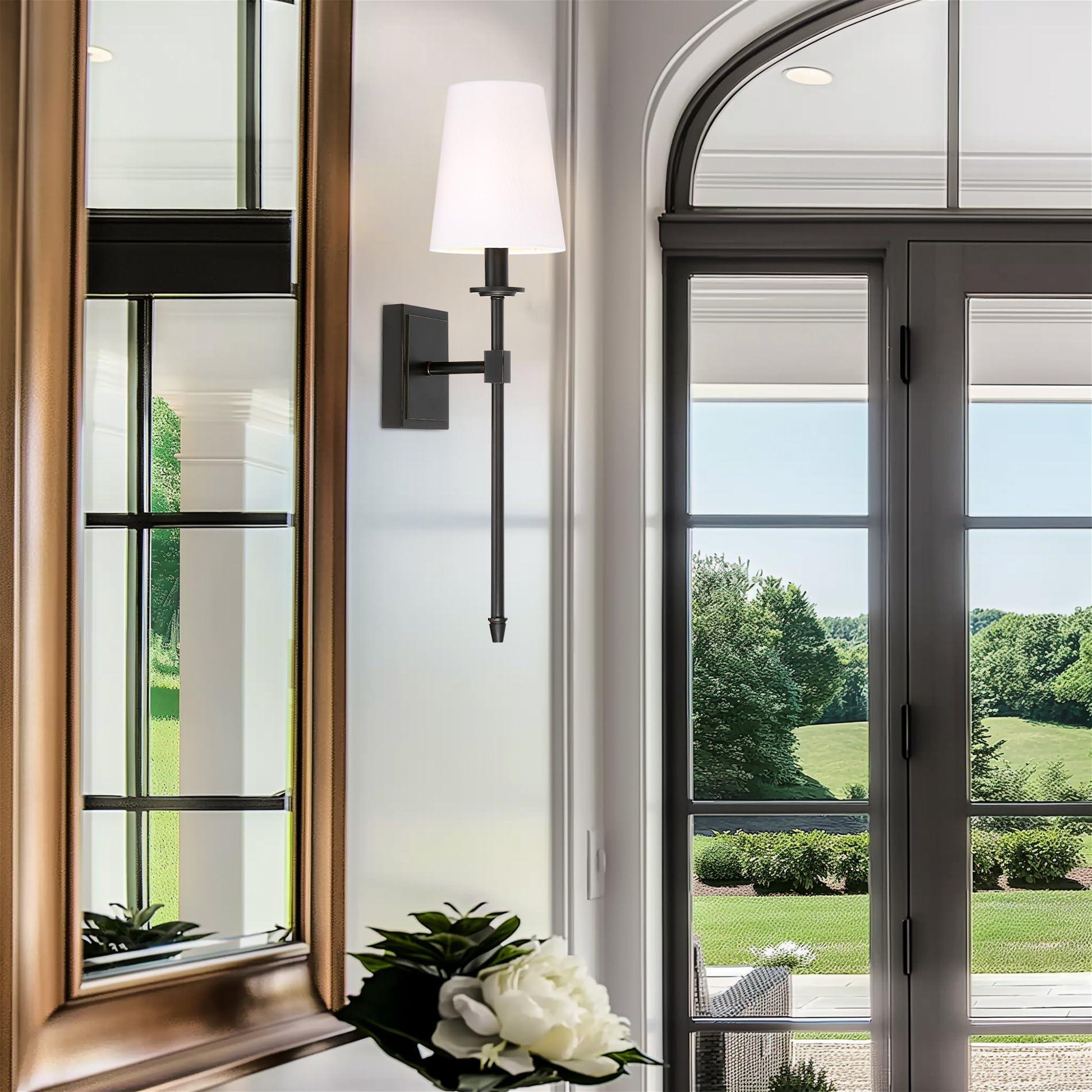 Kira Home Kira Home Torche 20" Wall Sconce/Wall Light + Linen Shade, Oil-Rubbed Bronze Finish