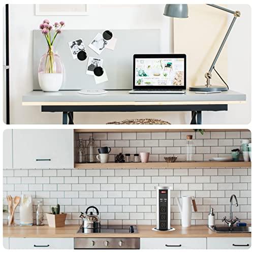 QBA Automatic Pop Up Power Outlet, Popup Wireless Charging Station with 3AC Plugs + 2 USB, Pop up Electrical Outlets for Countertops, Recessed Hidden Outlet for Kitchen Island Conference (Silver Black)