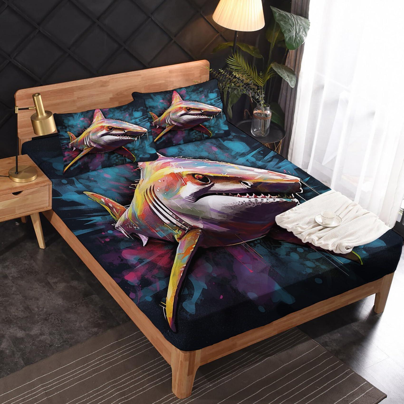 zcsm Shark Sheets Twin XL Size - Graffiti Sea Animal Bed Sheets, Soft Microfiber & Deep Pocket & Wrinkle Free Patterned Bedding Sheets & Pillowcases, 3 Piece ( 1 Fitted Sheet, 1 Flat Sheet, 1 Pillow Case )