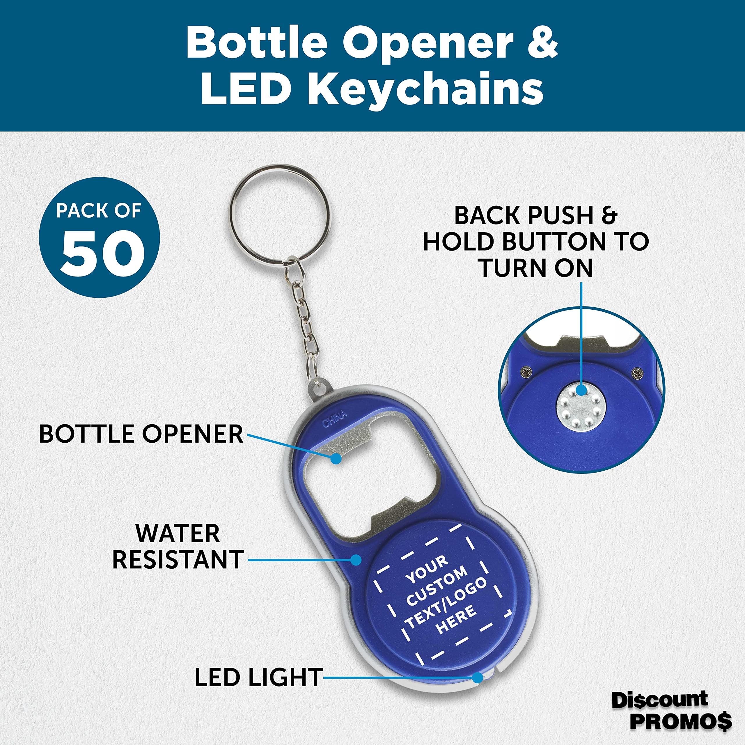 DISCOUNT PROMOS DISCOUNT PROMOS Custom Bottle Opener & LED Keychains Set of 50, Personalized Bulk Pack - Perfect for Tradeshows, Party Favors, Other Events - Blue