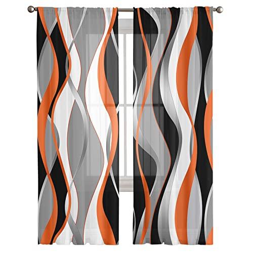 PIEPLE Orange Black Grey Sheer Curtains 108 Inch Length 2 Panels Set for Living Room/Bedroom, Modern White Moire Geometric Abstract Art Curtain Sheers Drapes Rod Pocket Curtains Window Treatment Set 52x108x2