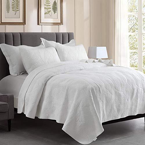 Brandream Brandream White Quilt Bedding Set Queen Size Cotton Luxury Palm Matelasse Quilt Set Quilted Bedspread Coverlet Set 3-Piece