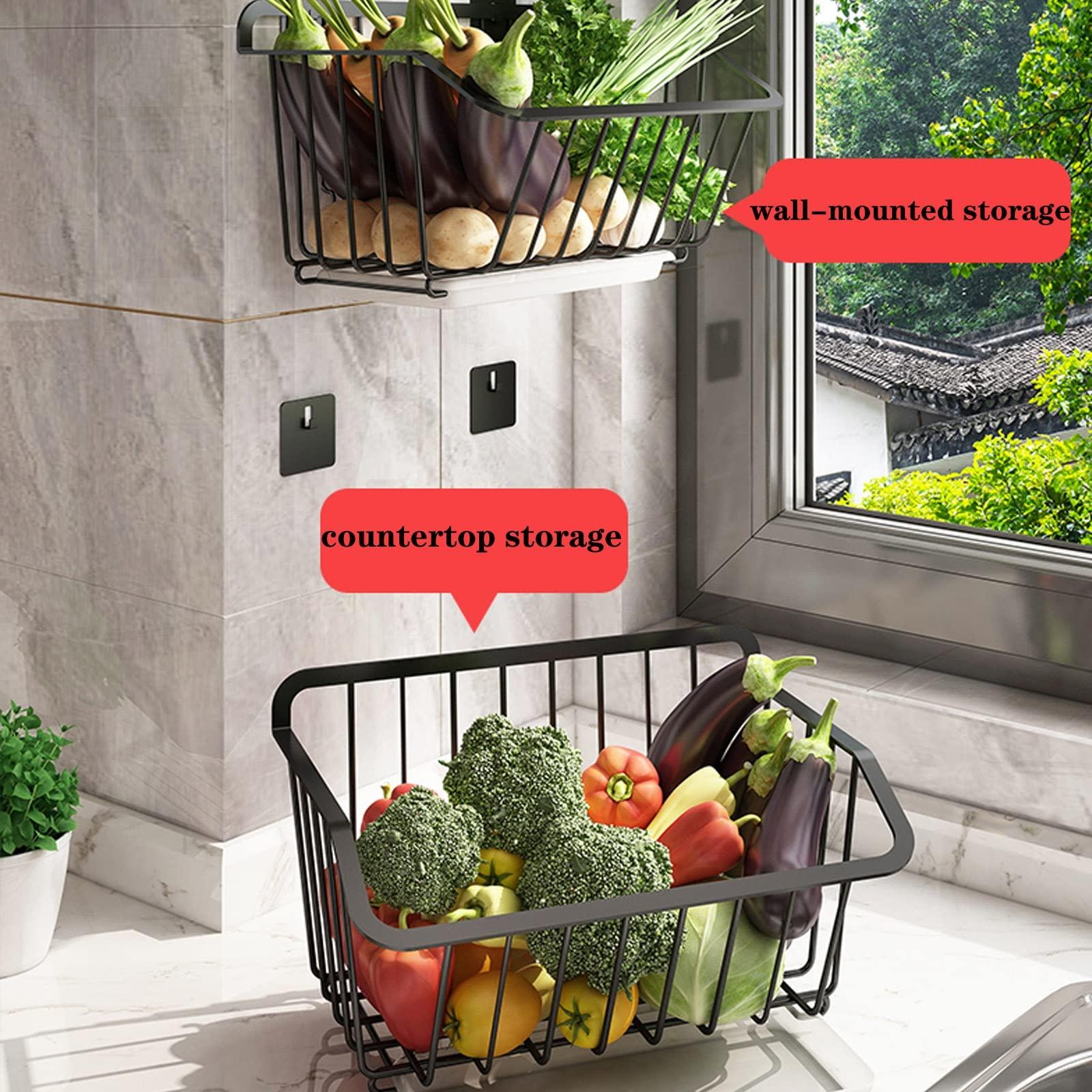 HJXGQJM Fruit Vegetable Storage Basket,wall Mounted Fruit And Vegetable Rack, For Storing Organizing Fruit Vegetables Eggs Snacks Breads, Stainless Steel Fruit And Vegetable Rack, Black fruit and vegetable ra