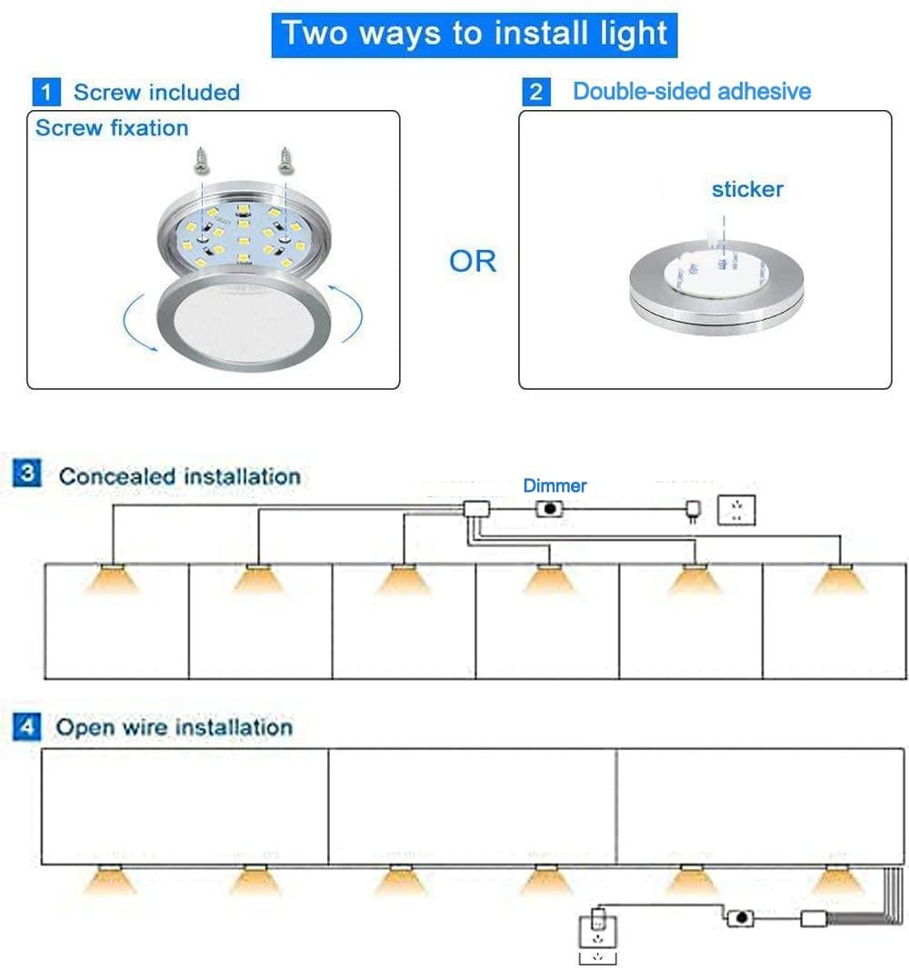 Cefrank Cefrank Dimmable Puck Lights, 6pcs Warm White Bookcase Lighting Kit w/Rotary Dimmer Switch, Total of 18W, 1500 Lm LED Under Cabinet Lights - Warm White, 3000K