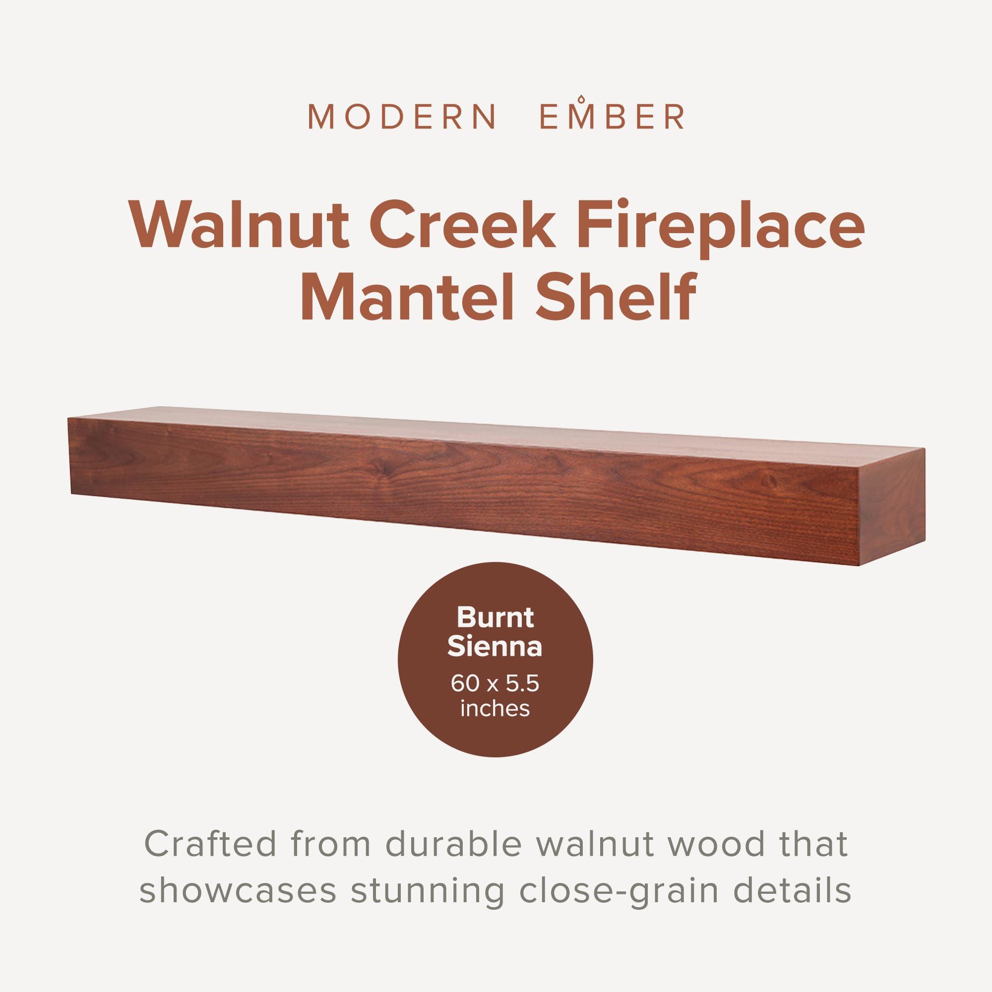 Modern Ember Modern Ember Walnut Creek 60 Inch Fireplace Mantel Shelf in Burnt Sienna - Durable 9\" Depth, Wall-Mounted Shelf with Smooth Finish and Close-Grain Details, Real Walnut Wood