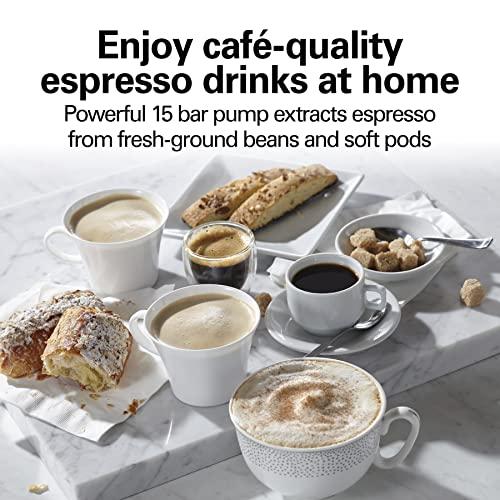 Hamilton Beach Hamilton Beach 15 Bar Espresso Machine, Cappuccino, Mocha, & Latte Maker, with Milk Frother, Make 2 Cups Simultaneously, Works with Pods or Ground Coffee, 50 oz. Water Reservoir, Black