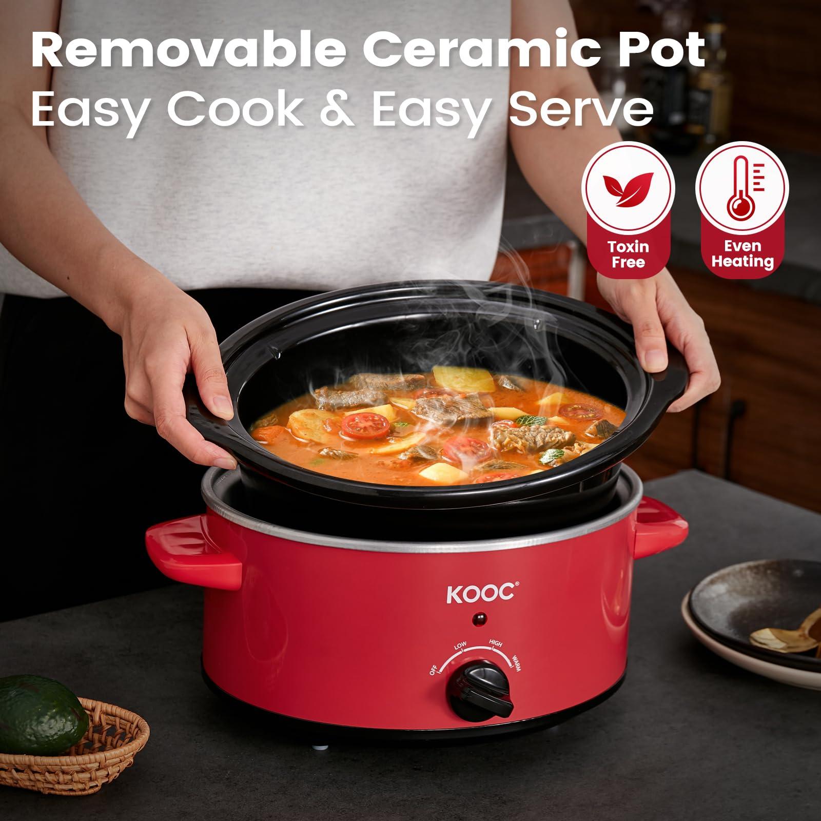 KOOC KOOC 4-Quart Slow Cooker, Free Liners Included for Easy Clean-up, 3 Temperature Settings, RED + KOOC Rubber Feet for Slow Cookers 5QT 7QT and 8.5 QT Pot Insert Accessories (8 Packs)