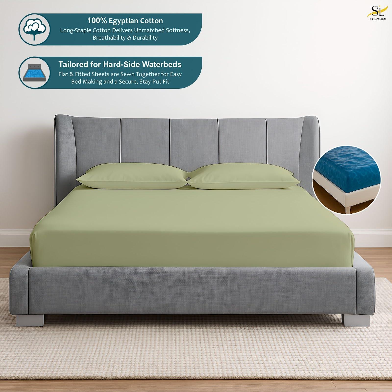 Shreem Linen Waterbed Sheets Queen Size Attached Waterbed Sheets 100% Egyptian Cotton 600-Thread Count 4 Piece Sheet Set 15\" Deep Pocket Attached Waterbed Sheet Set in Solid (Sage, Queen)