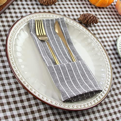 INFEI INFEI Brown Striped Linen Cotton Dinner Cloth Napkins - Set of 12 (40 x 30 cm) - for Events & Home Use (Brown)