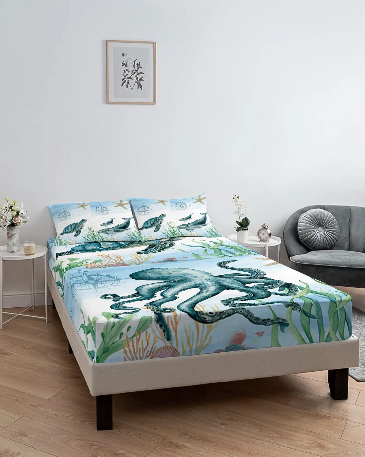 Chucoco Cal King Fitted Sheet Deep Pocket,Ocean Marine Life Turtle Octopus Compass Soft Microfiber Brushed Bed Sheet & Pillowcase Set,Seahorse Starfish Nautical Hotel Fitted Bottom Sheets All Around Elastic