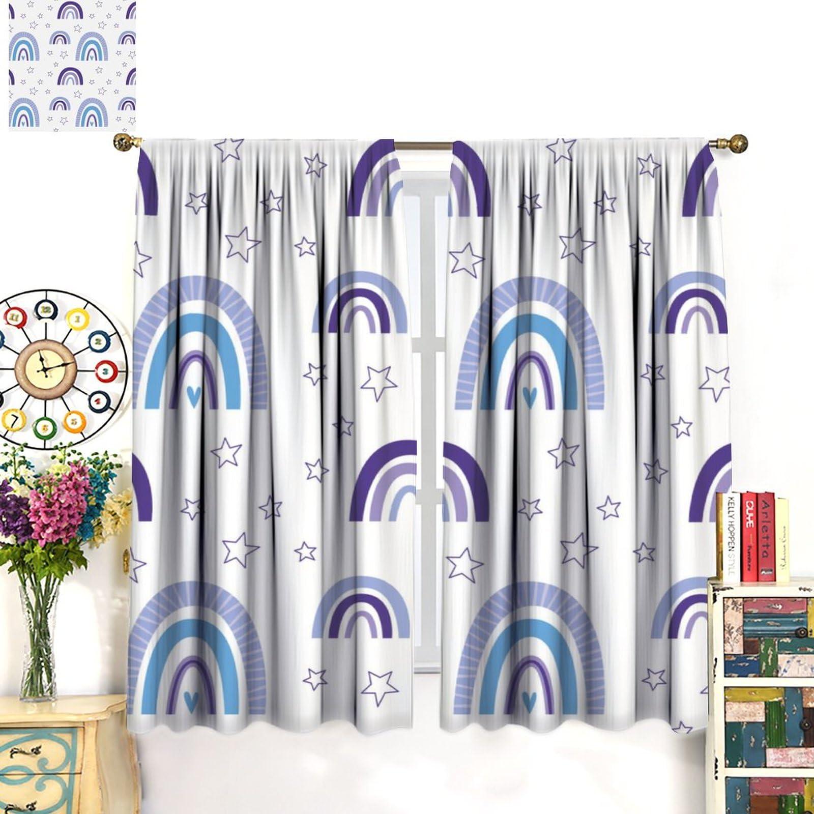 Chocolatemaoutdash Cute Nursery Rainbow Blackout Curtains Stars,Scandinavian Fun Print Purple Colours Rod Pocket Thermal Insulated Drapes Curtain for Kids,Teens Bedroom Living Room Kitchen 21x45in x 2
