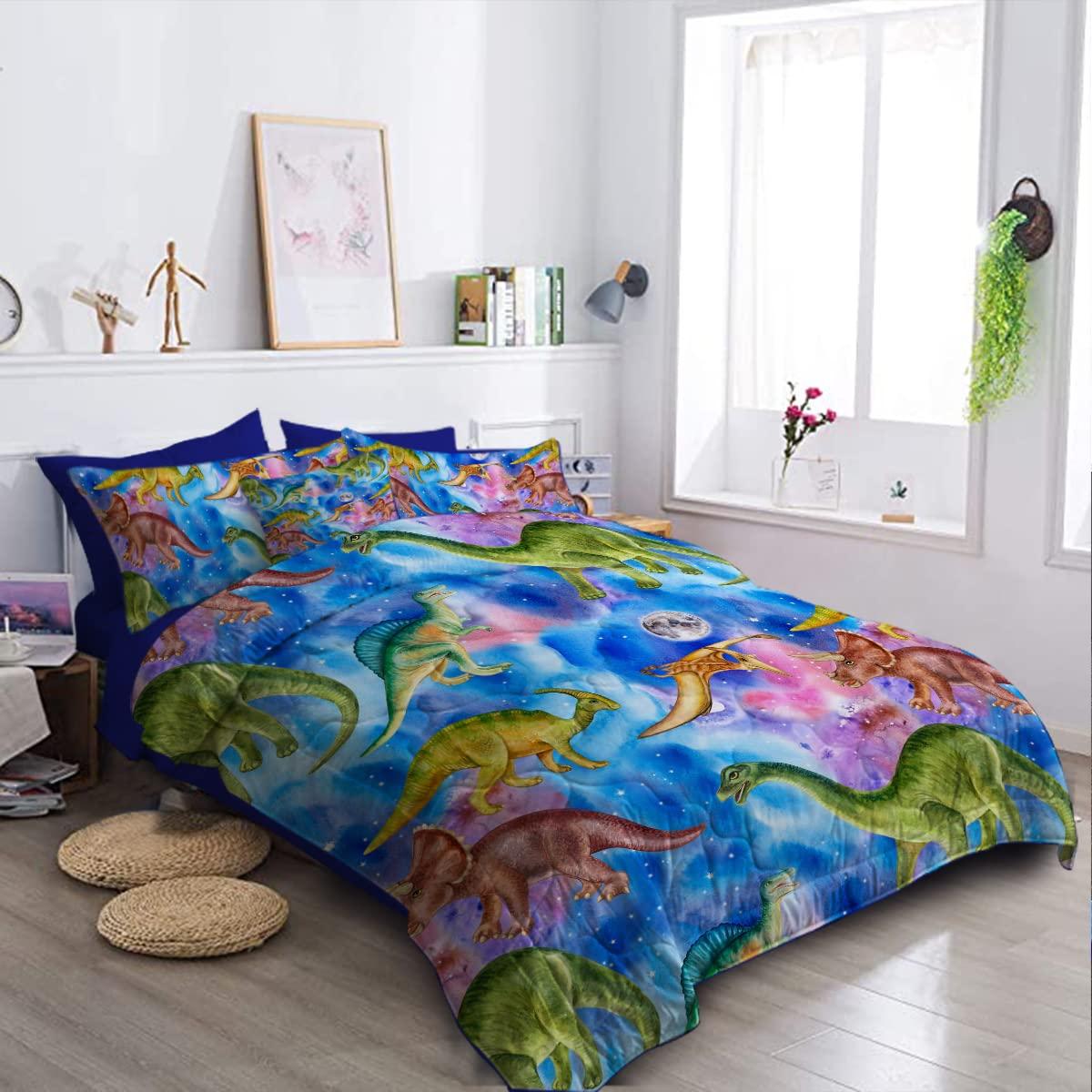 BlessLiving BlessLiving Dinosaur Queen Bedding Sets for Boys - Blue Space Bedding, 8 Piece Bed in a Bag, Kids Comforter Sets with Sheets (Queen)