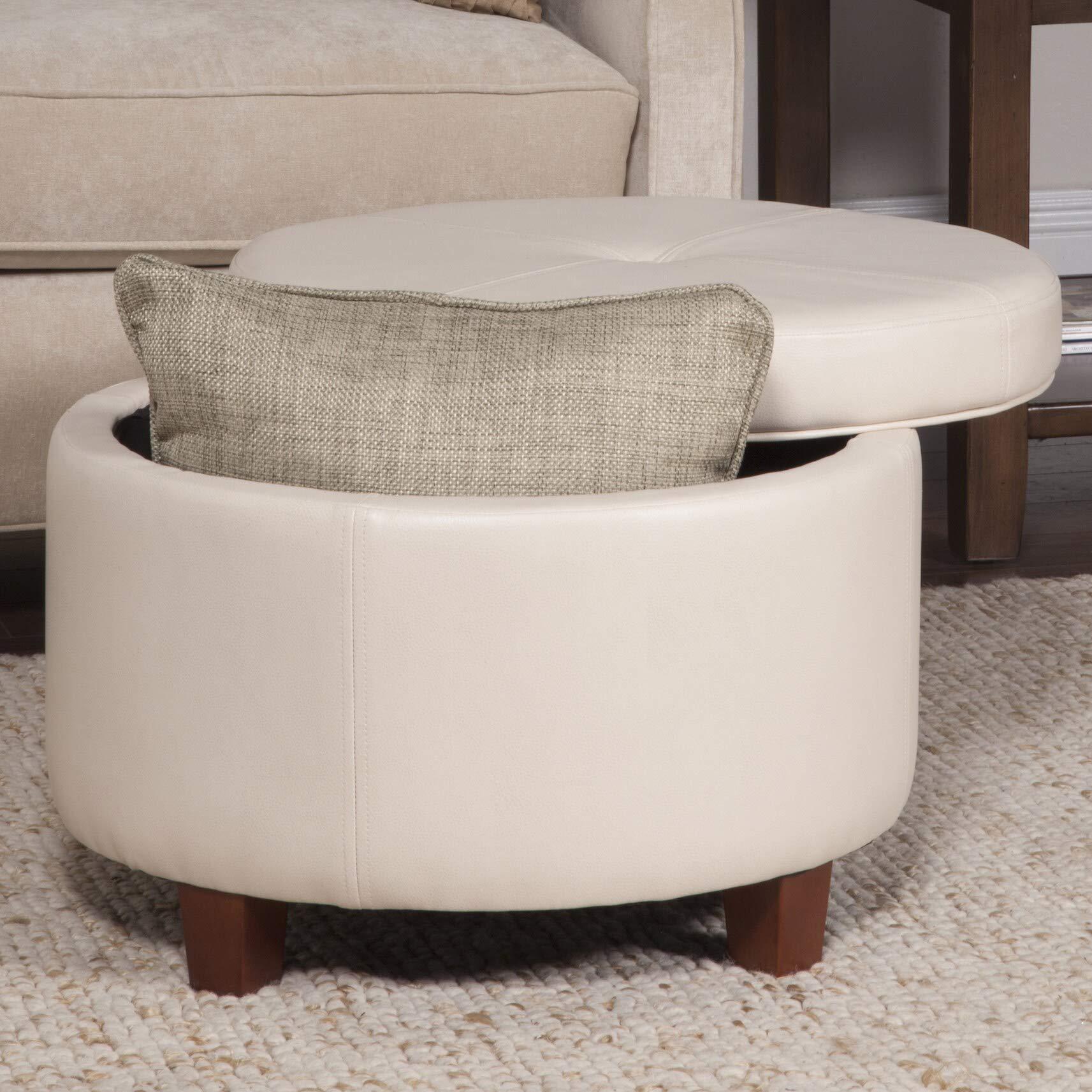 Unknown Large Ivory Faux Leather Round Storage Ottoman Cream Solid Transitional Foam Wood
