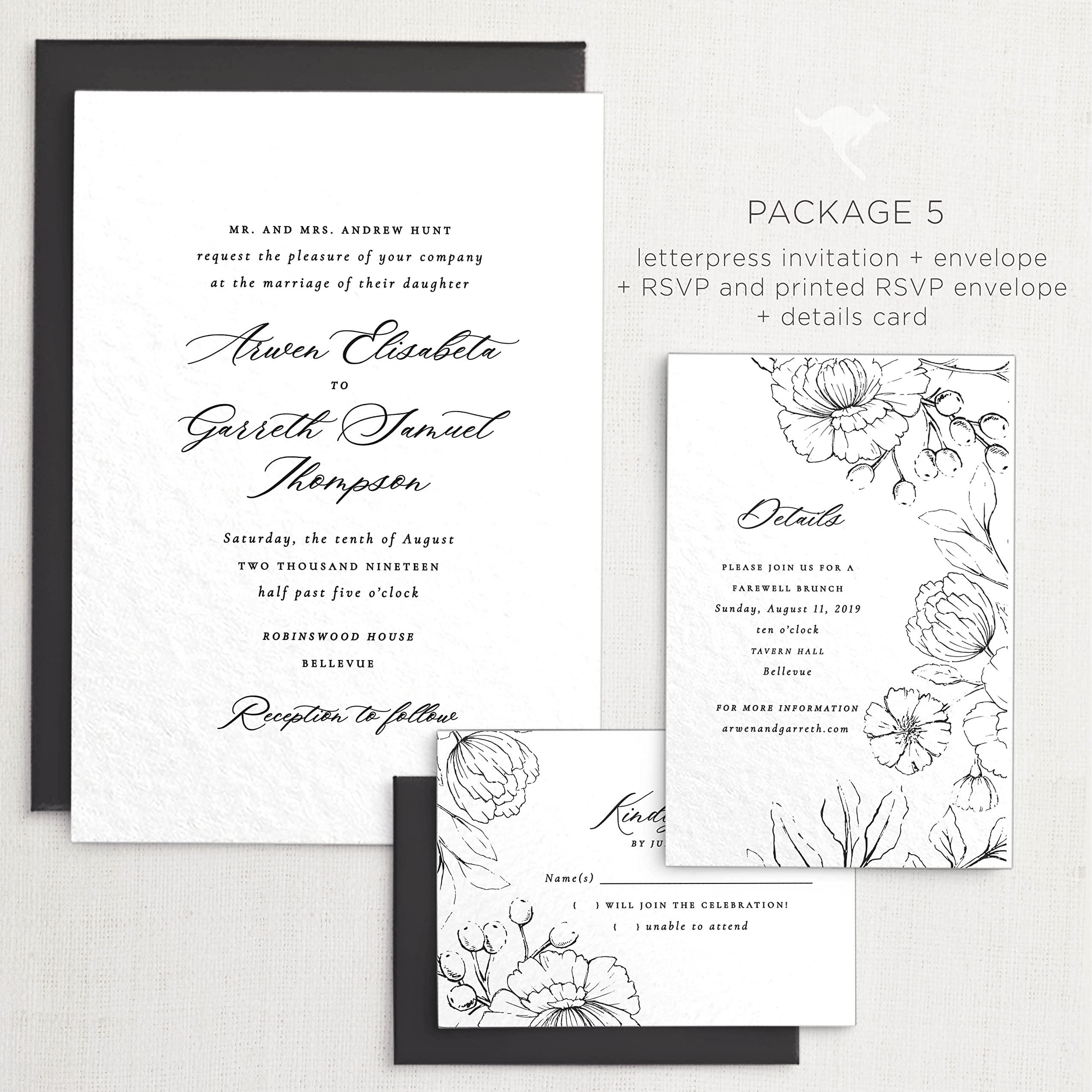 marsupial papers Letterpress Wedding Invitations | Customizable Elegant, Floral, Custom Printed | Arwen Wedding Invitation with RSVP Envelopes Details Cards (Set of 50, Package 4)
