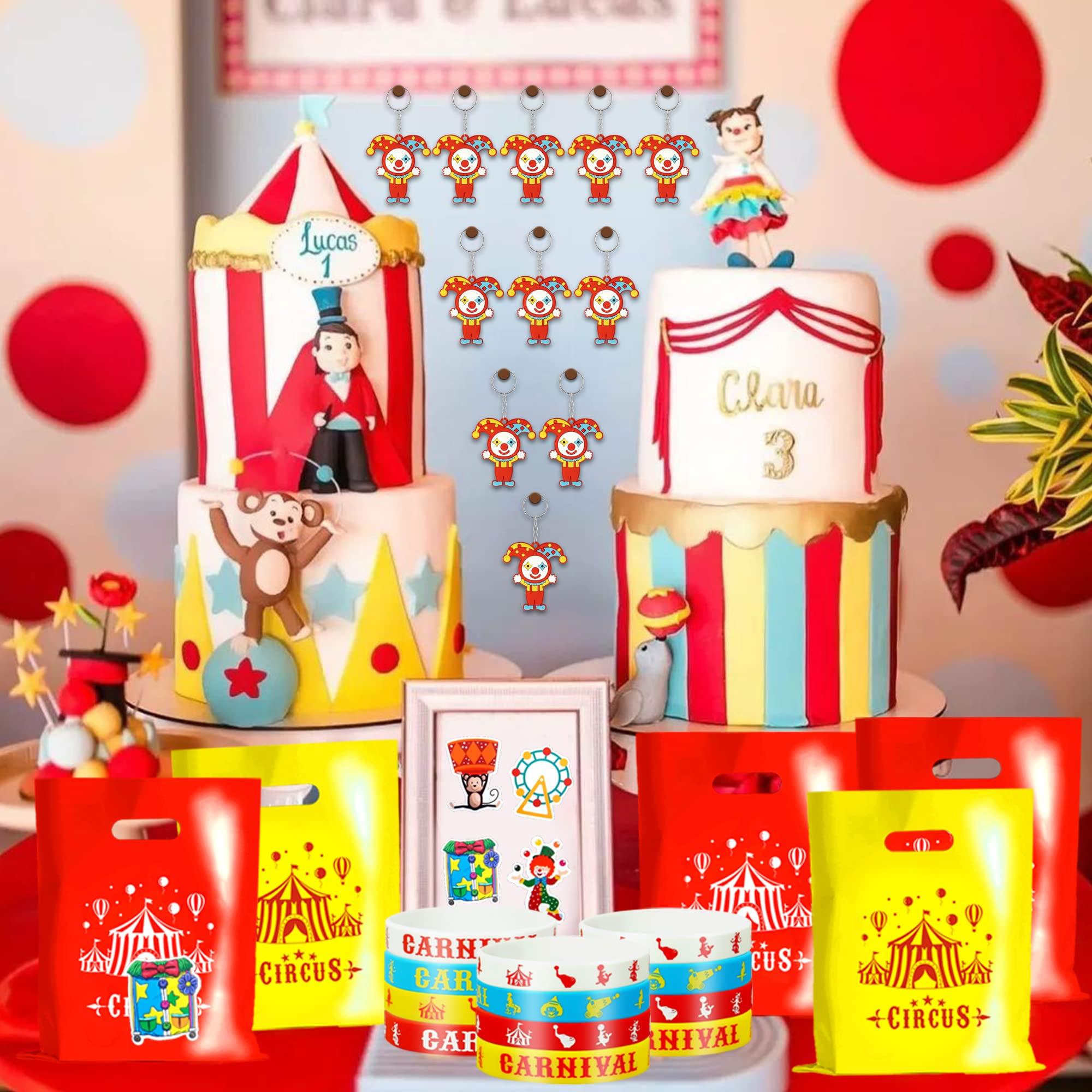 BUYWUMORE BUYWUMORE 98 PCS Circus Party Favors, Clown Keychains Goodie Bags with Stickers, Rubber Bracelets, Button pins and Bags for Circus Carnival Theme Party Supplies Baby Shower (Circus)