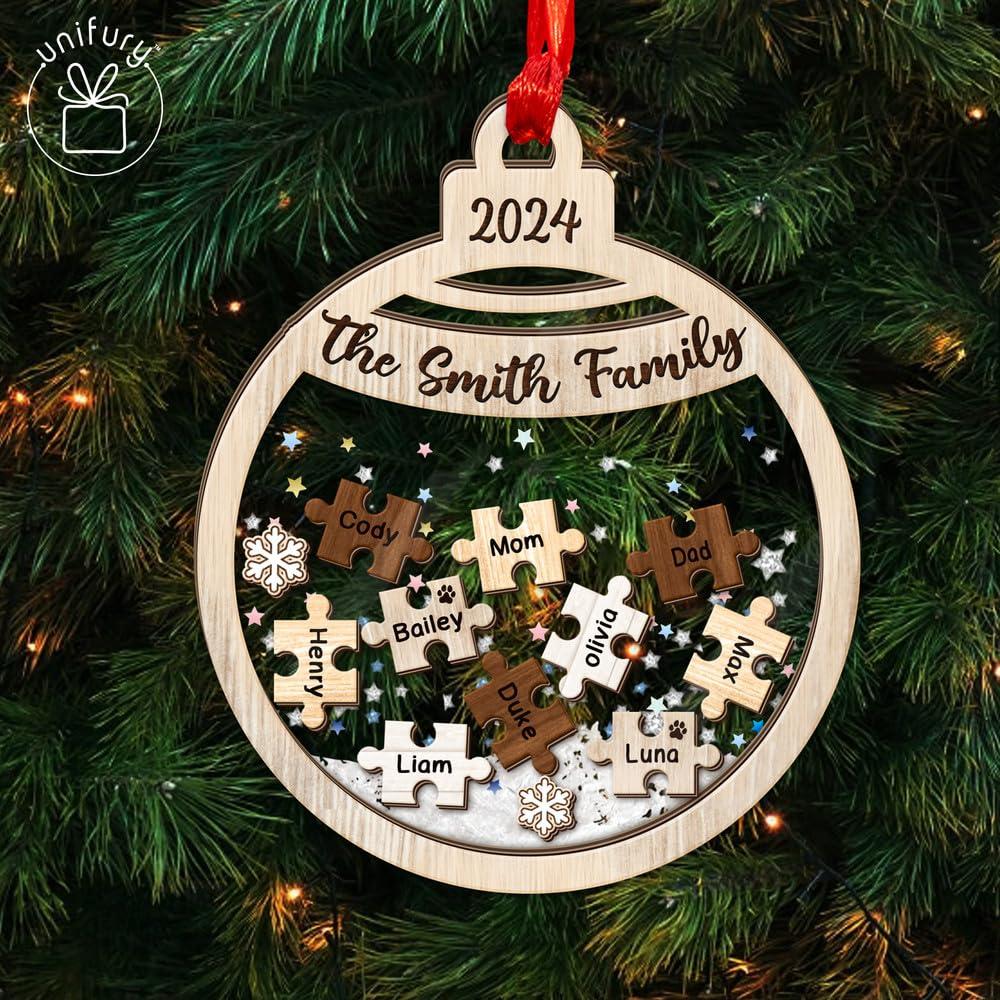 UNIFURY Unifury Personalized Family Ornaments with Dogs & Cats, Family of 2,3,4,5,6,7,8,9,10,11,12, Family Christmas Ornaments 2024, for Family Members, Family Puzzle