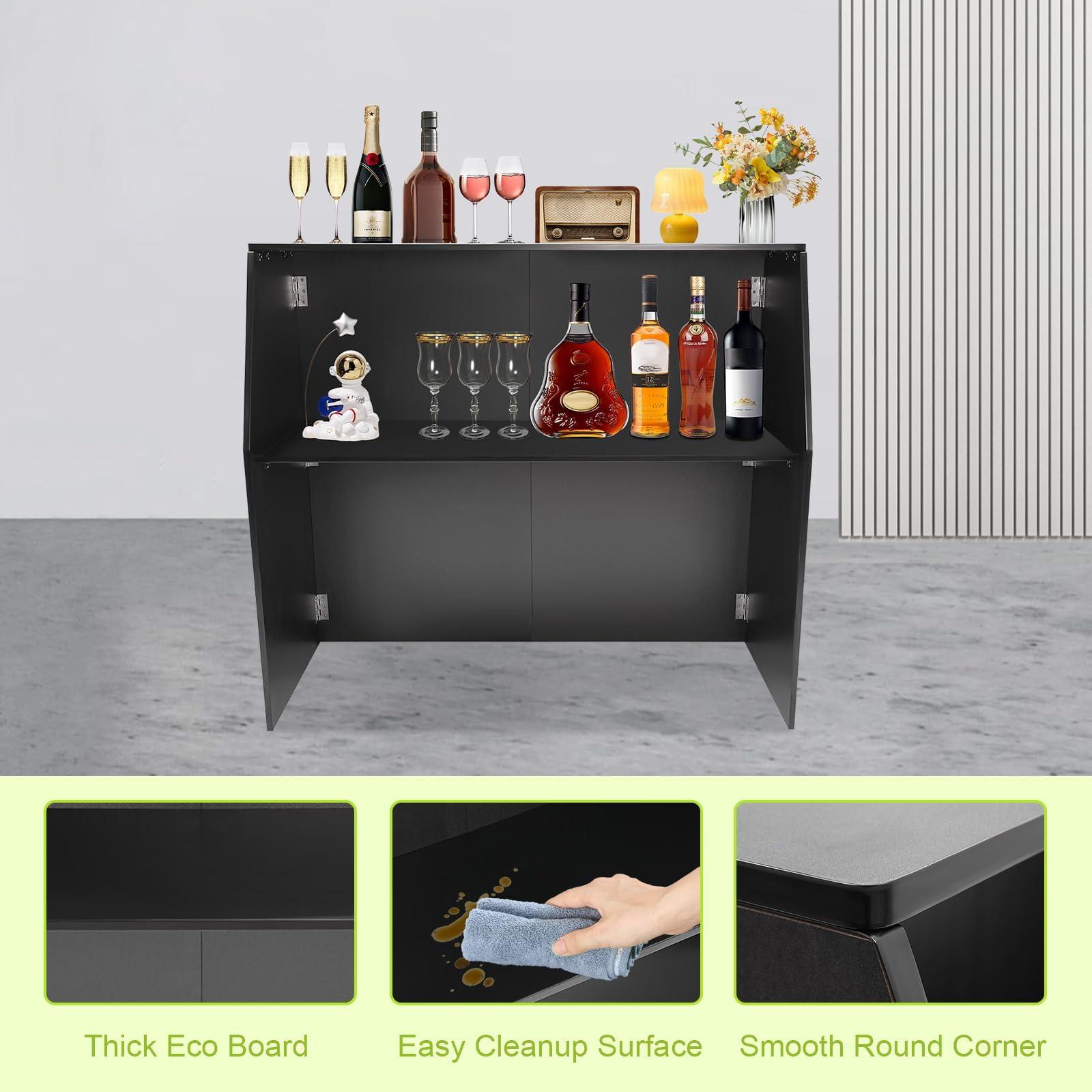 Akynjtbca Akynjtbca Bar Table Cabinet 42\" Tall Portable Event Bar, Farmhouse Coffee Bar Cabinet with Top and Middle Shelves, Foldable Bartender Station for Home&Parties (Black + Black Aluminum Cladding)