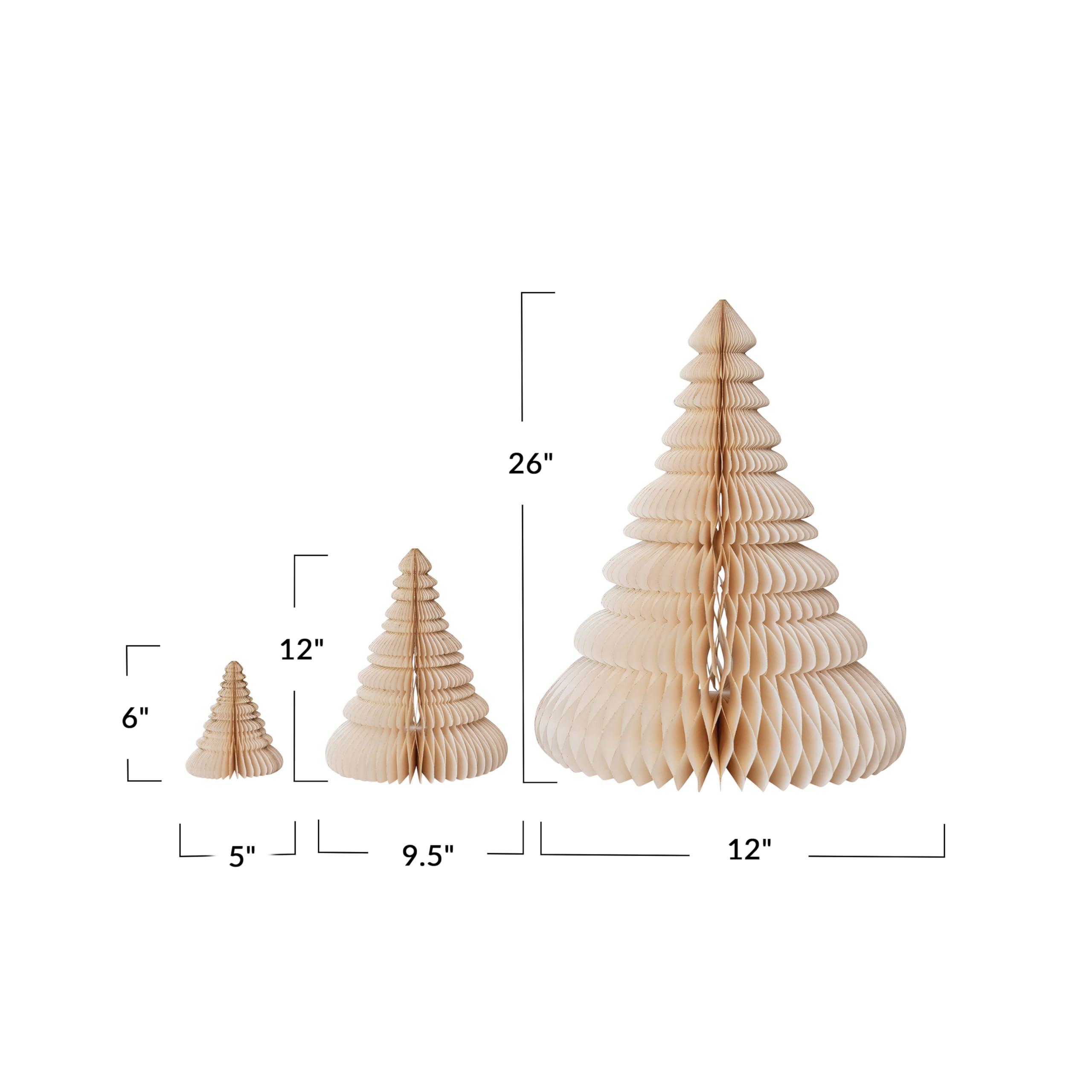 Creative Co-Op Creative Co-Op Round Paper Folding Honeycomb Trees with Gold Glitter, Cream, Set of 3