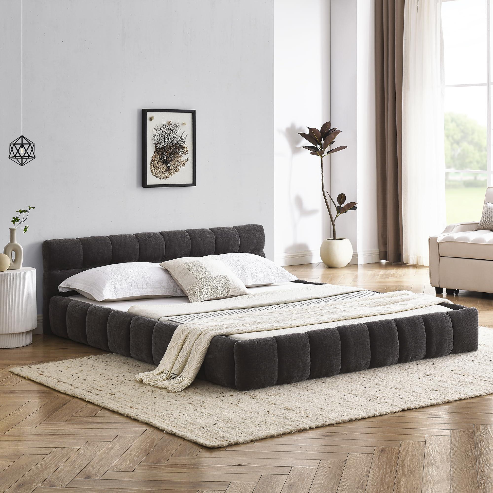 DEINPPA DEINPPA Queen Chenille Upholstered Platform Bed with Cloud Soft Headboard, Grounded Upholstered Wood Base Platform Bed, Italian Style Modern Beds-Grey