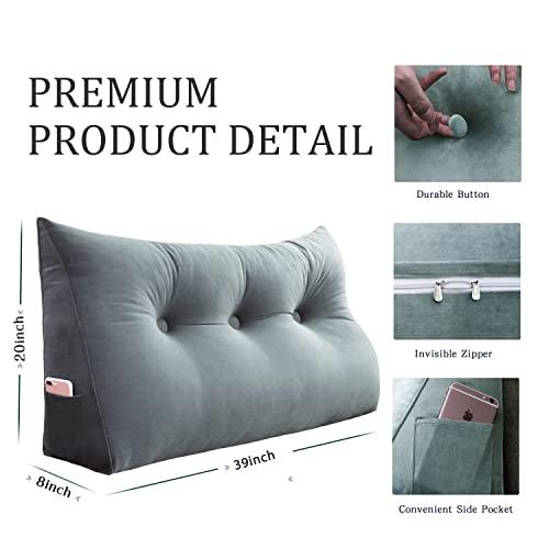 VERCART VERCART Large Headboard Pillow Wedge Bed Rest Reading Pillow Daybed Pillows Triangular Headboard Wedge Pillows Bolster Gap Filler Triangle Back Cushion Long Wedge Pillow, Velvet Light Gray Twin