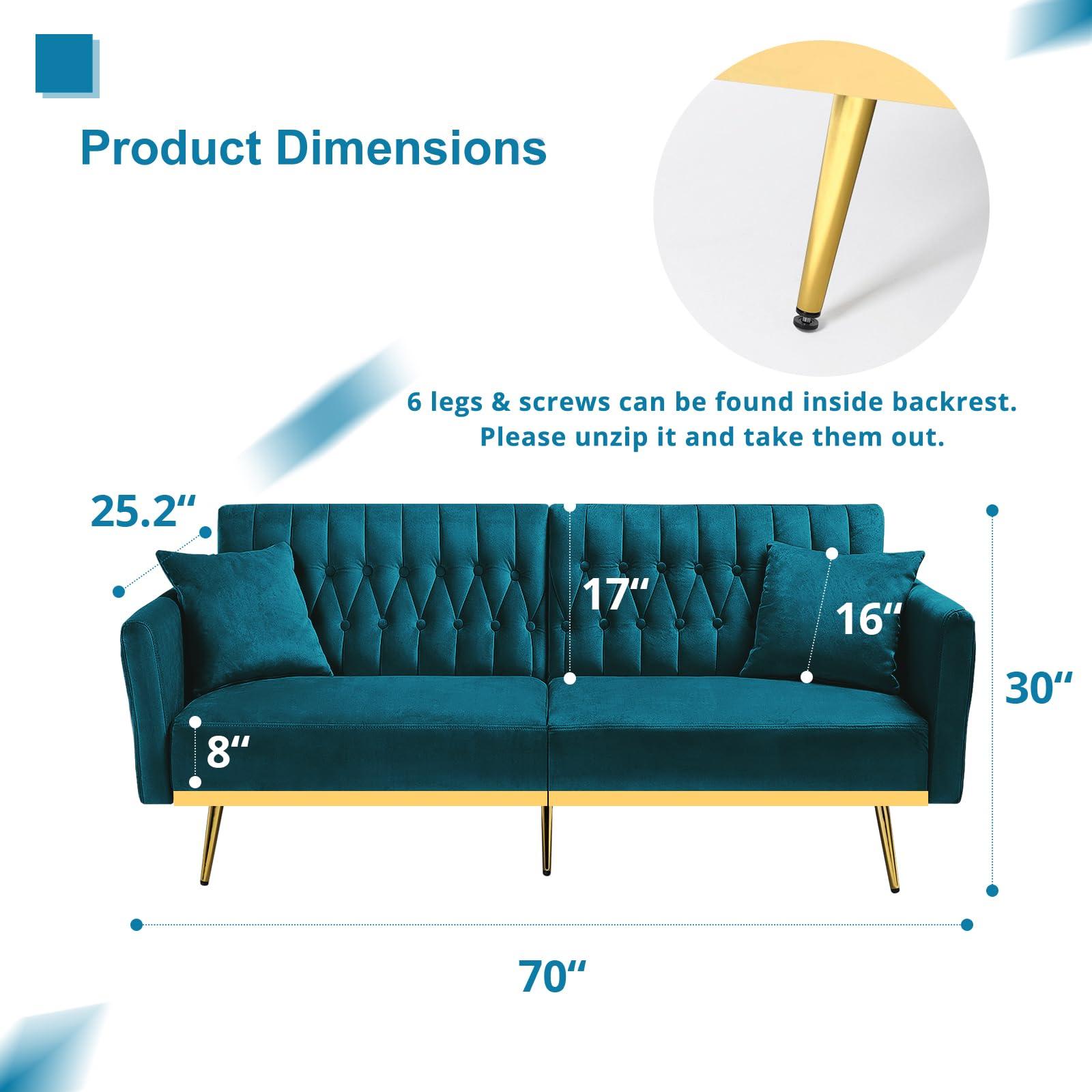 ACMEASE ACMEASE 2 Pieces Velvet Sofa Set with Adjustable Armrest and Backrest, 70 Convertible Futon Sofa Bed & Mordern Accent Chair with Ottoman for Living room, Bedroom, Teal