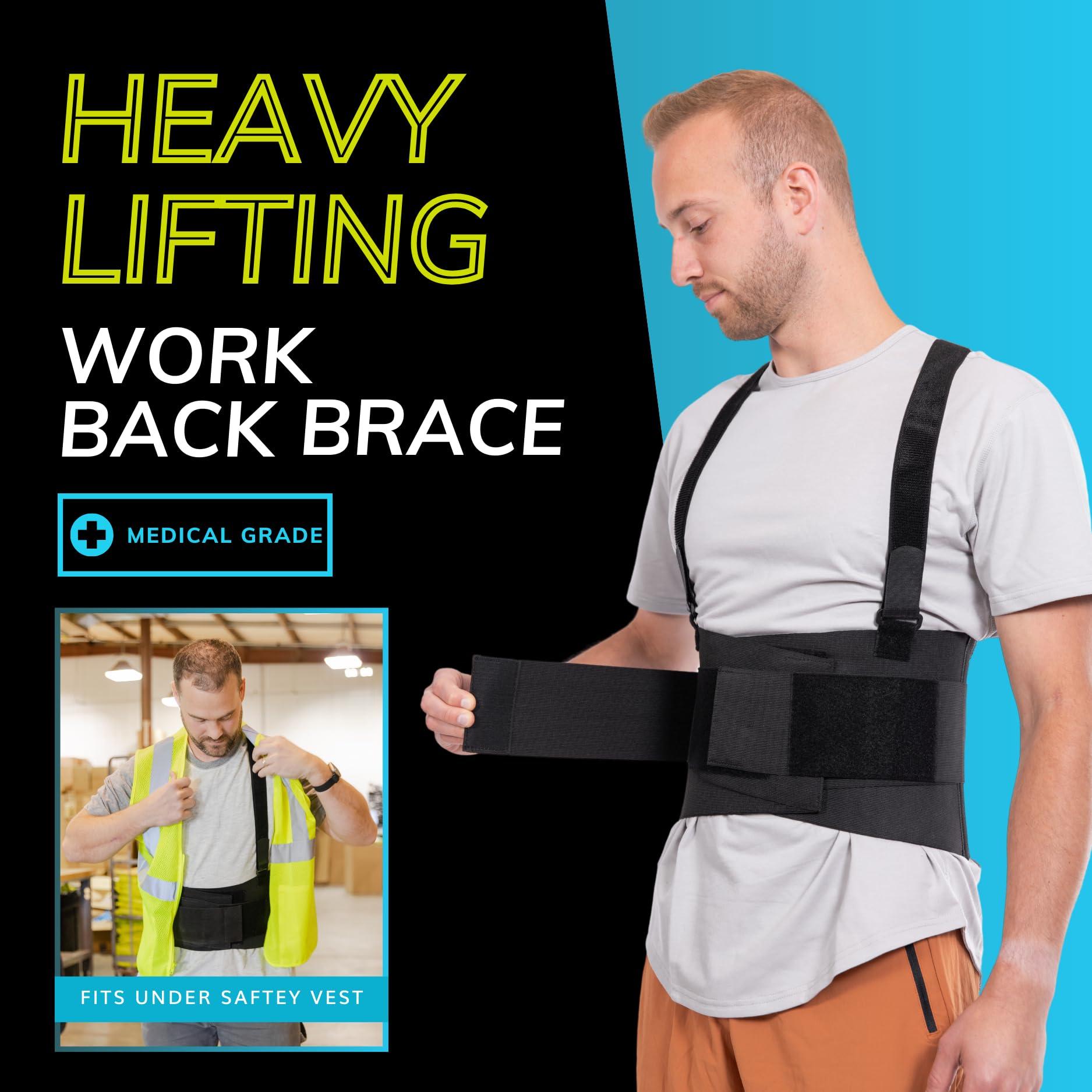 BraceAbility BraceAbility Work Back Brace - Removable Suspender Shoulder Straps for Heavy Lifting Safety - Industrial Lower Back Pain Protection Belt for Men and Women in Construction, Moving, Warehouse Jobs (M)