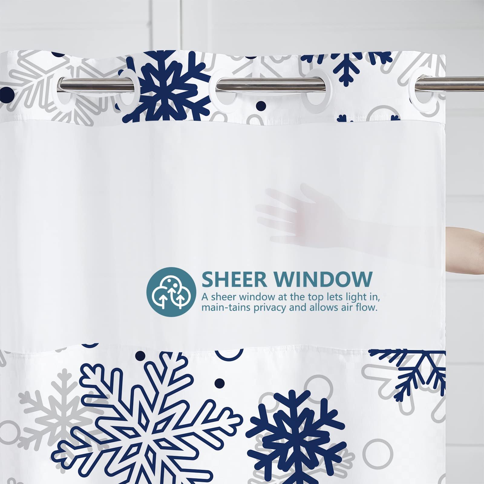 MEHOFOND MEHOFOND No Hook Winter Snowflake Shower Curtain, Hookless Christmas Shower Curtain,Blue and Grey Xmas New Year Holiday Bathroom Bathtubs Decor with Snap in Liner, Waterproof Polyester Fabric 71X74in