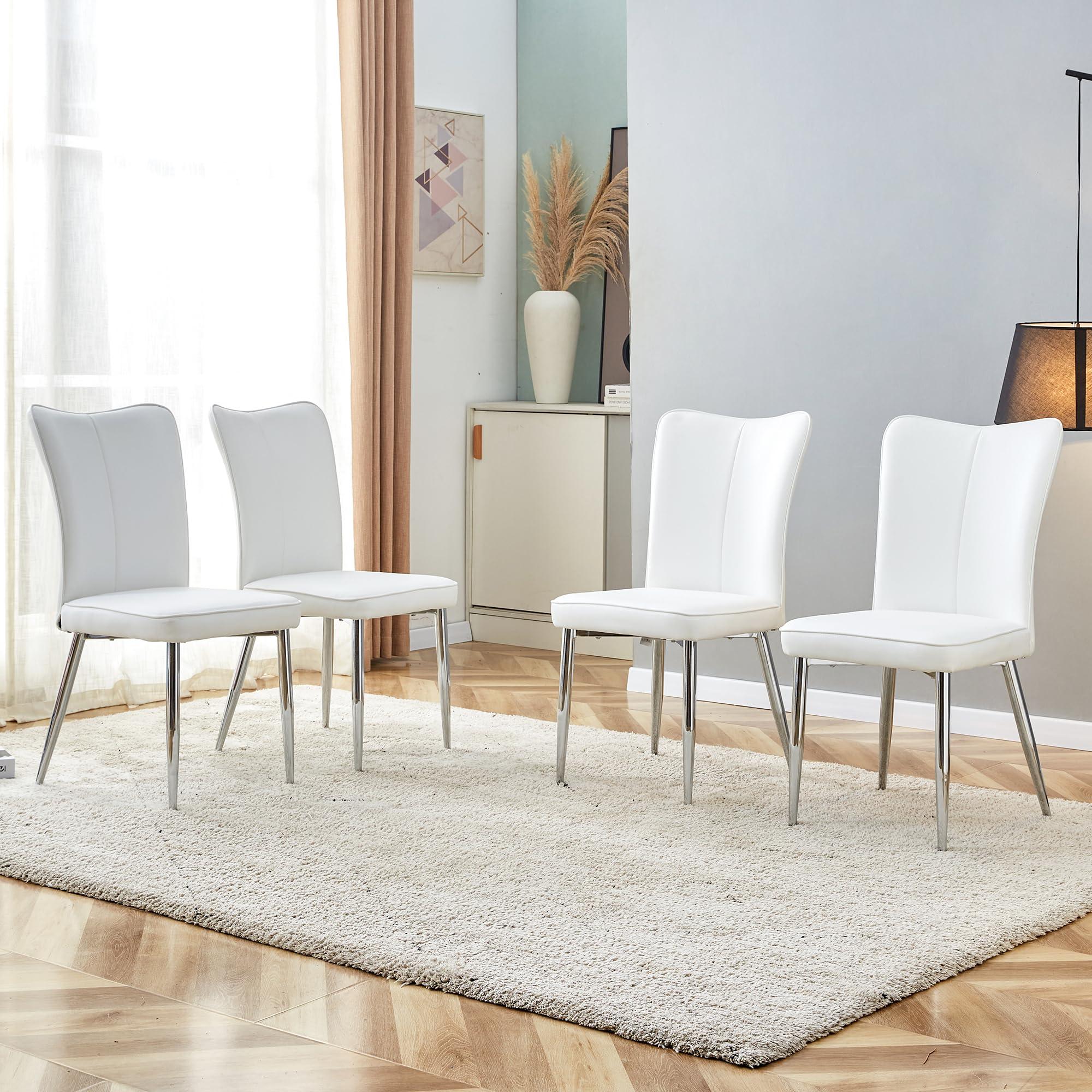 TOWIBURO White Dining Chairs Set of 4,Kitchen Dining Room Chairs with Faux Leather Padded Seat High Back with Silver Metal Legs,Mid-Century Accent Side Chair for Living Dining Room (White&Silver-A, Set of 4)