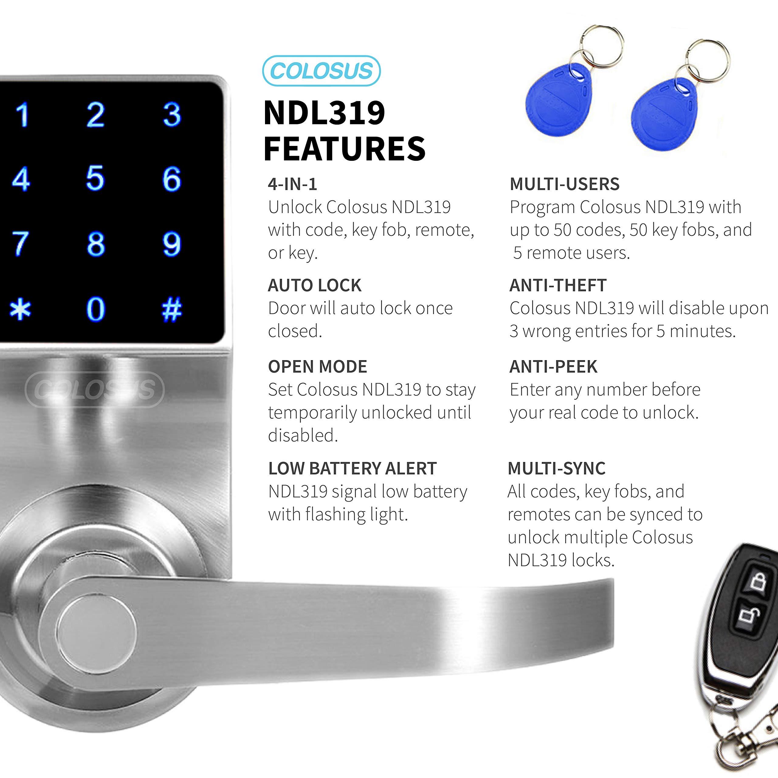 Colosus Electronic Keyless Door Lock, Keyless Entry with Touchscreen, Key Fobs, Remote Control, Keys for Home, Office or Commercial, Silver NDL319