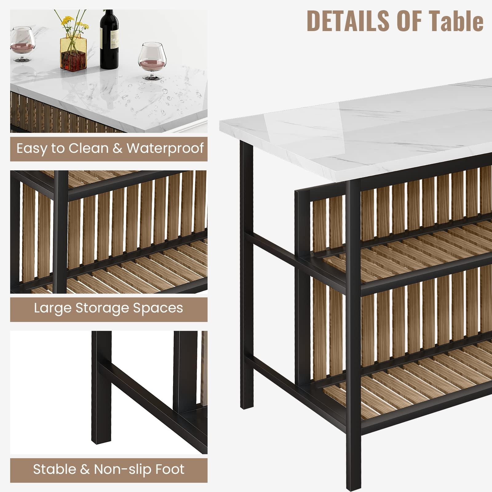 AWQM AWQM Kitchen Island with Seating & Storage Shelf, Faux Marble Island Table for Kitchen, Modern Bar Table and Chairs Set for 2,Dining Table Set for Small Space,White