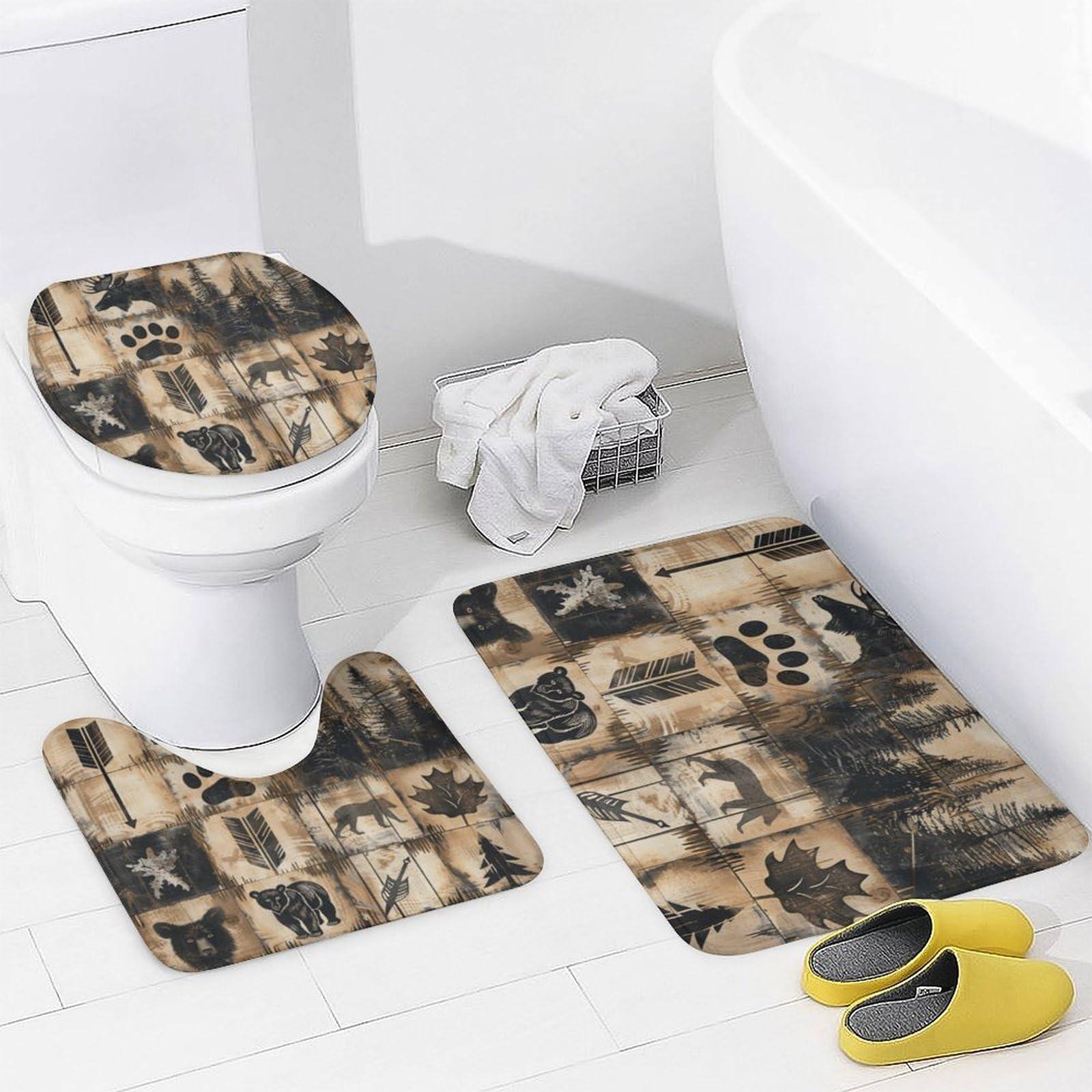 Brebasf Rustic Hunting Theme Lodge 4 Pcs Shower Curtain,Abstract Forest Farm Farmhouse Bear Claw Print Deer Shower Curtain Set Non-Slip Rugs Toilet Lid Cover Bath Mat 12 Hooks