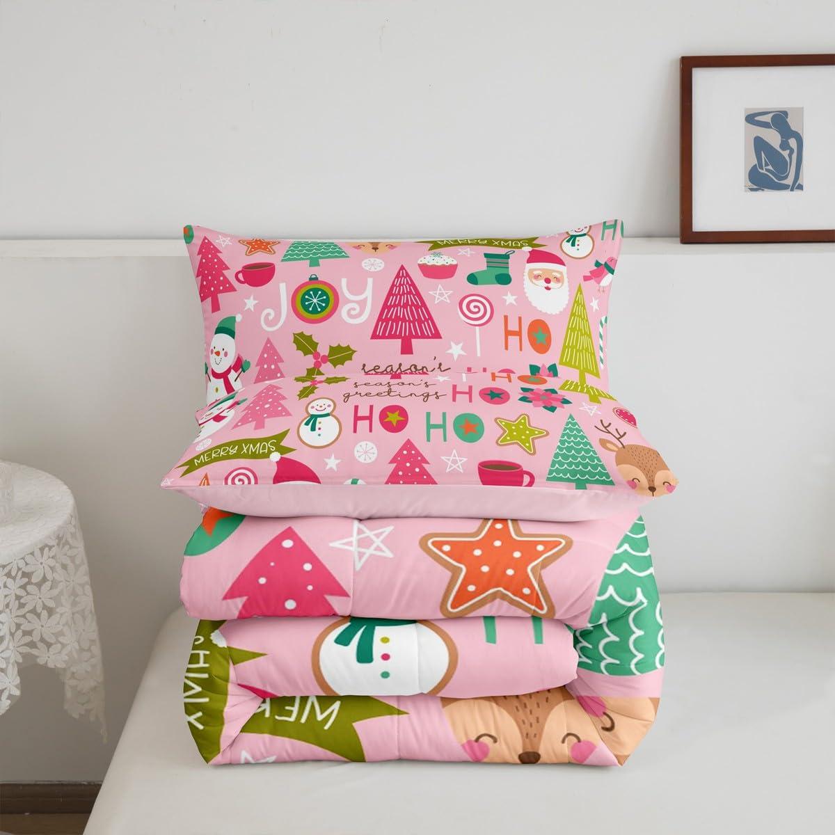 Erosebridal Erosebridal Pink Christmas Comforter Set + Rainbow Fitted Sheet, Full Size