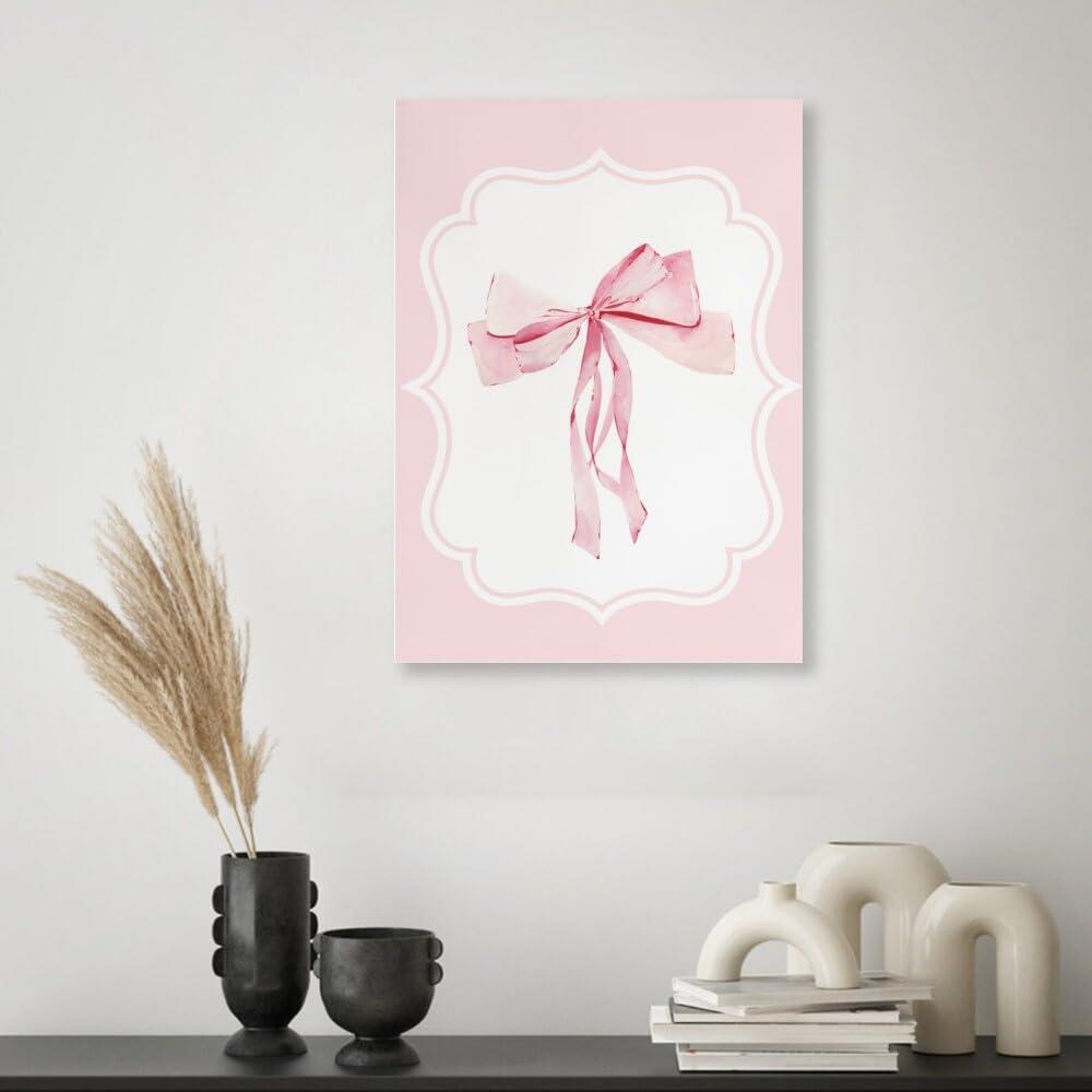 Generic Pink Bow Poster Coquette Wall Art Preppy Pink Coquette Bow Canvas Print Oil Painting Wall Art Preppy Poster Trendy Preppy Wall Art Teenage Girl Room Bedroom Wall Decoration12x18inch Unframed