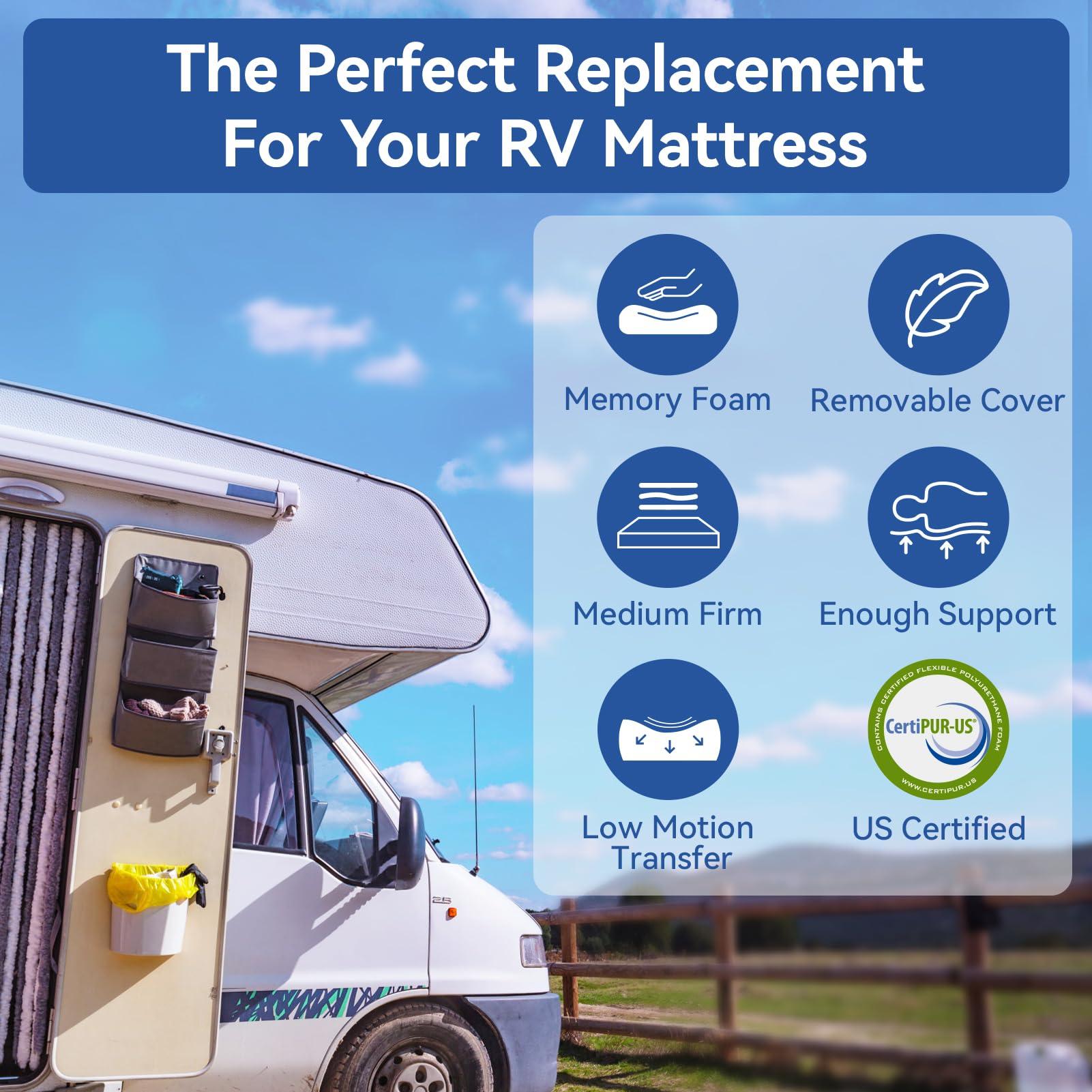 Hcore RV Mattress Short Queen 8 Inch Memory Foam Mattress, Cooling Green Tea/Gel Medium Firm Bed Mattress in a Box for Camper/Trailer/Truck, Deep Sleep Certified Mattresses in USA 75'' x 60''