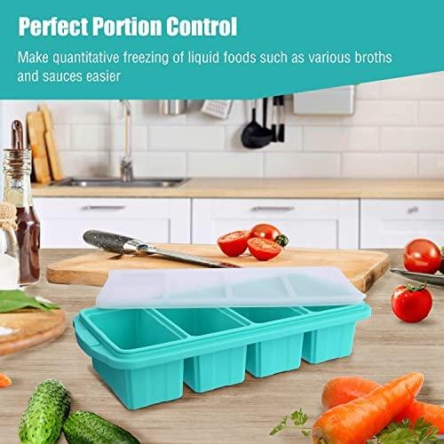 Aikeep Silicone Freezing Tray with Lid, Large Ice Cube Tray Non-stick Soup Freezer Container with 4 Compartments for Storing and Freezing Soups, Broths, Sauces and Liquid Diets, Oven and Dishwasher Safe