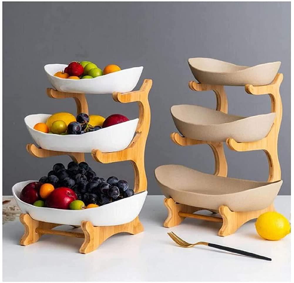 Honent Honent Fruit Basket Fruit Basket, Creative Countertop Ceramic Fruit Cake Stand, 3-Tier Fruit Bowl, Table Decoration Serving Tray, for Fruit, Bread, Snacks, White,Brown