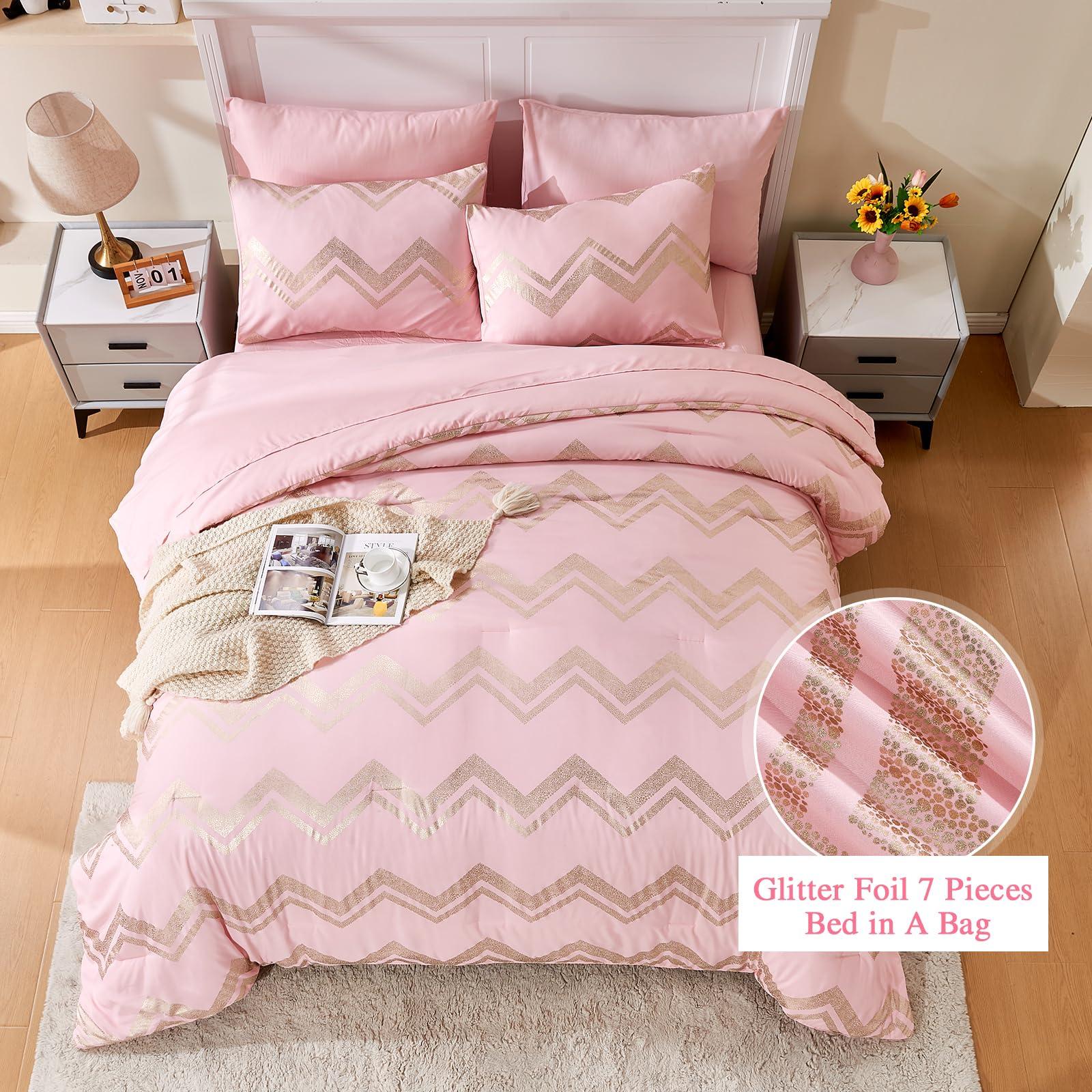 Wowelife Wowelife 6 Pieces Pink Twin/Twin XL Comforter Set for Girls Kids Twin Bedding Sets Gold Glitter Foil Bed in A Bag with Comforter, Flat Sheet, Fitted Sheet, 2 Pillow Shams and 1 Pillowcase
