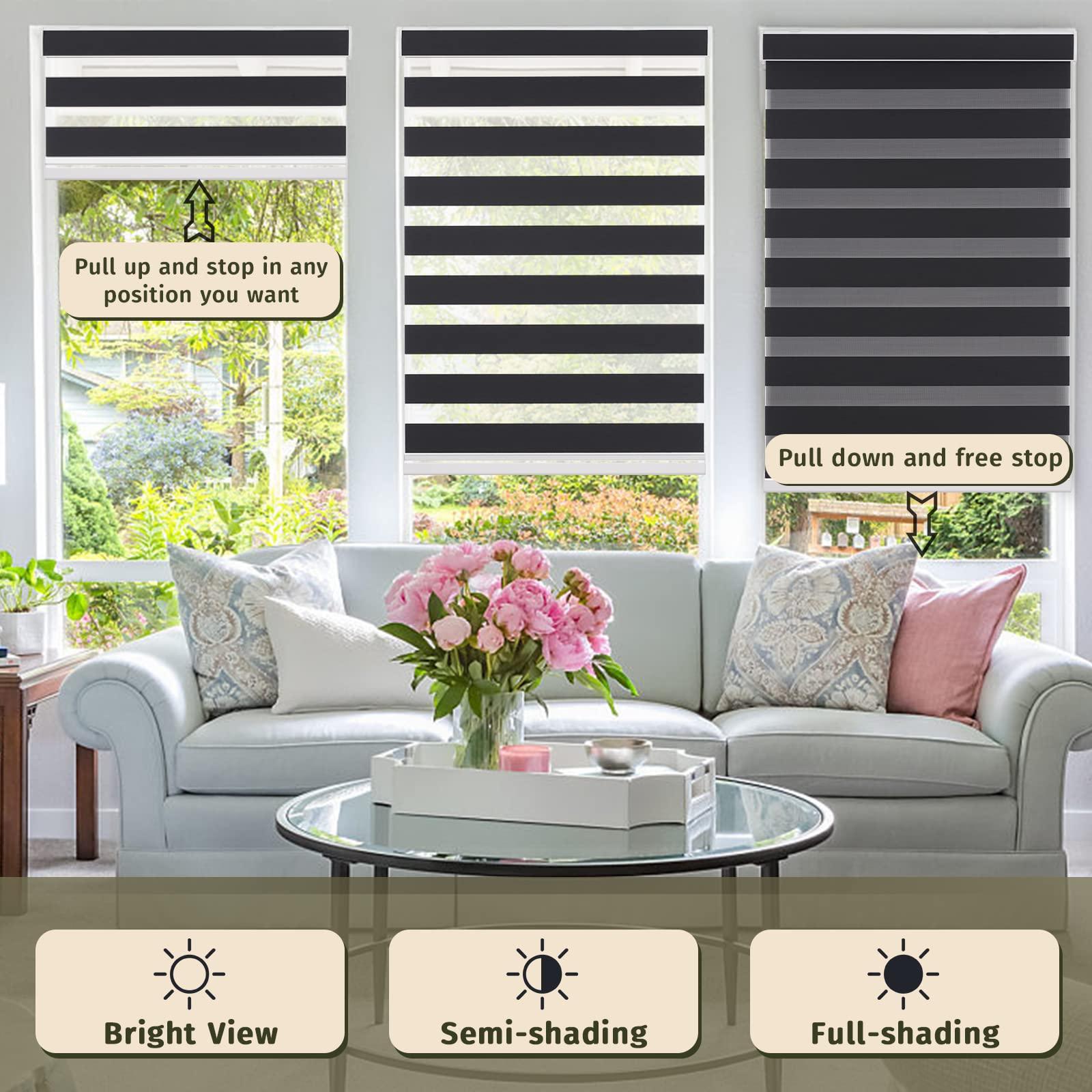 Yoinnt Cordless Zebra Blinds for Windows, Custom Size Zebra Roller Window Blinds, Dual Layer Blackout Zebra Roller Shades, Window Blinds for Home, Office, Kitchen, Bathroom 20 1/2 * 84in(W*H),Black