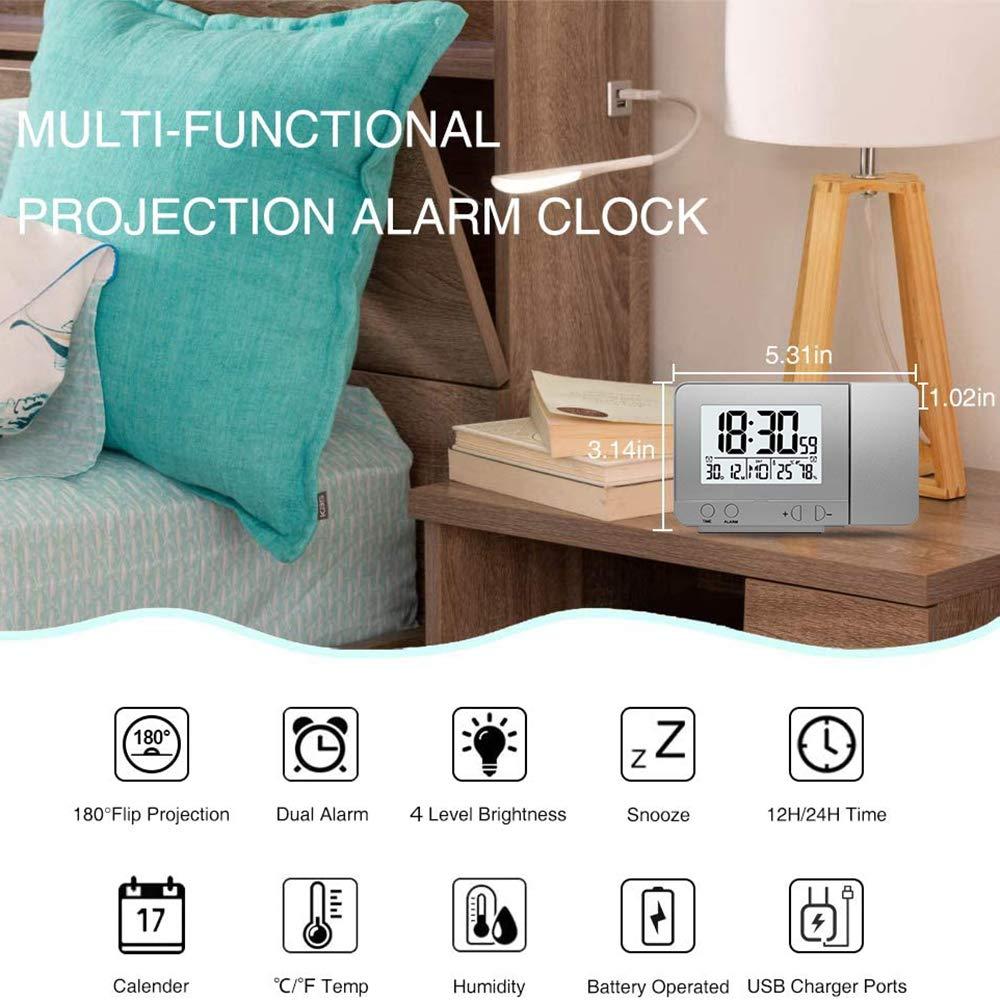 IUPPA IUPPA Projection Alarm Clock for Bedroom with Hygrometer Digital Project Ceiling Clock Dimmable LED Display with USB 180Rotable with Dual Alarms 12/24H Snooze