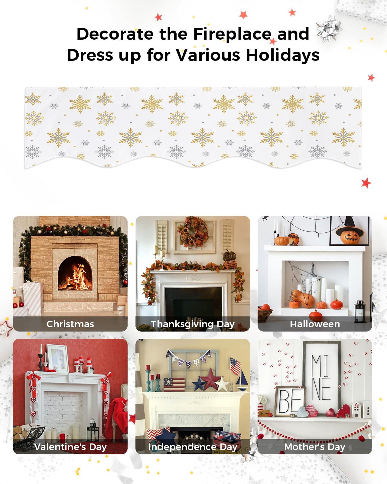 Chees D Zone Fireplace Scarf Christmas Gold Grey Snowflake White Mantel Scarf Fireplace Top Runner Mantle Scarves Cover,Winter Abstract Snow Fireplace Mantle Table Runner for Party Holiday Home Decor 90x17in