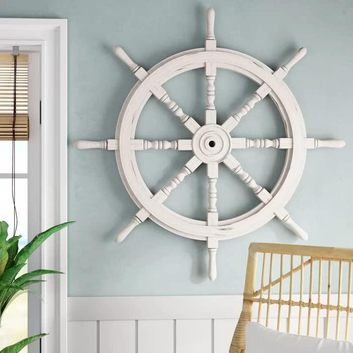 Home Dress Wooden Ship Wheel - Nautical Boat Steering Wheel, Handcrafted Solid Wood & Brass Center Hub - Vintage Pirate Ship Helm, Rustic Maritime Wall Decor for Home, Office (White 36 inch)